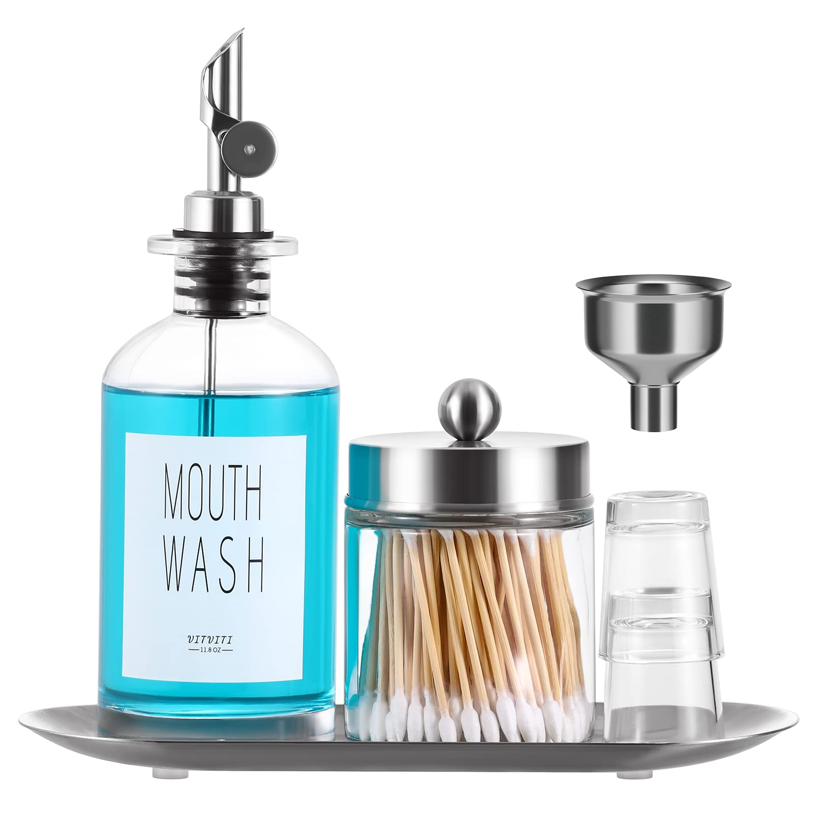 VITVITI 11.8OZ Glass Mouthwash Dispenser with Cotton Swab Holder & Tray Cups - Clear Refillable Bathroom Organizer for Countertop, Vanity & Dental Care Essentials - Perfect for Home, Office & Travel Use