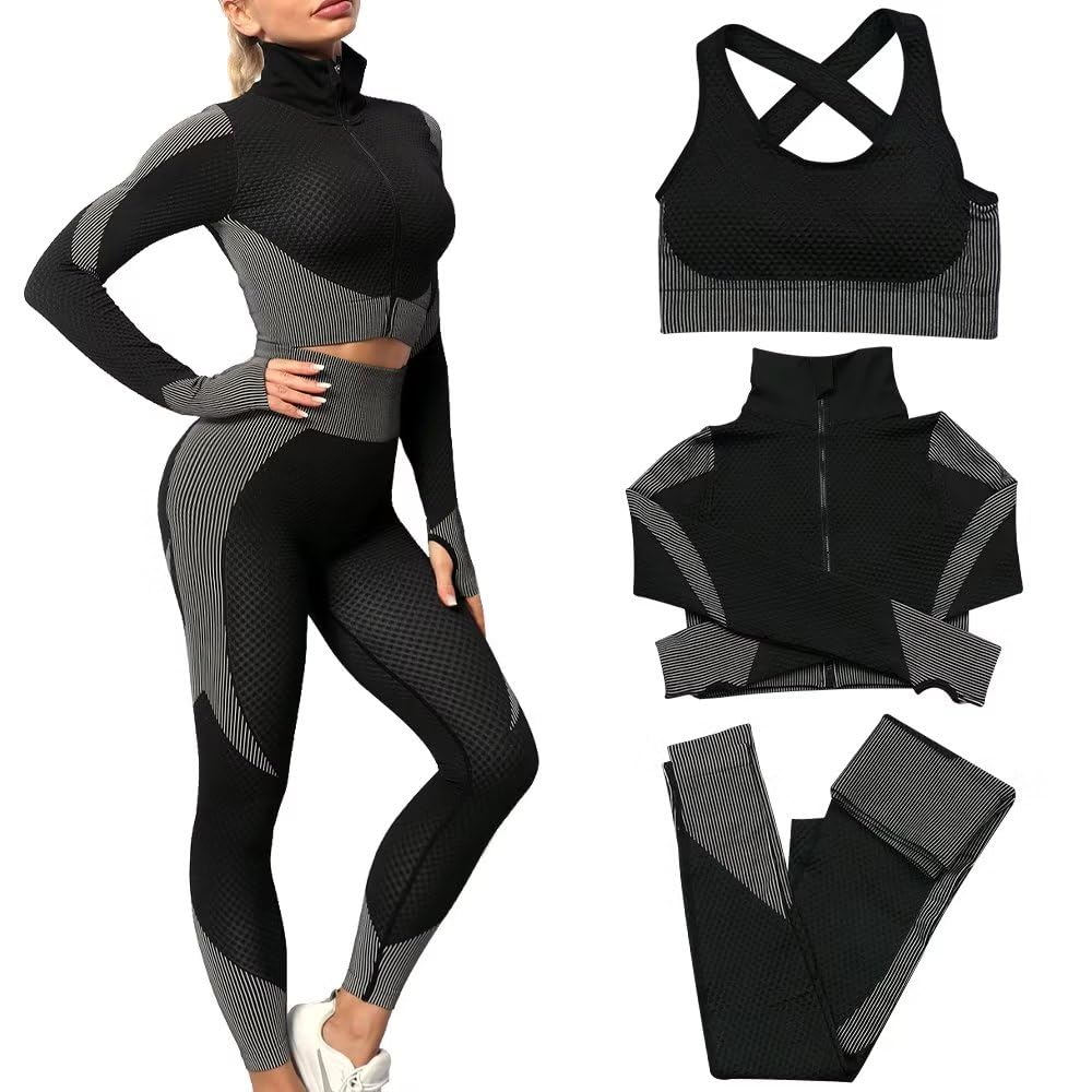 Women's 3-Piece Seamless Workout Outfit Set - Yoga Sports Bra, High-Waisted Leggings & Tracksuit for Gym, Running & Fitness Training | Comfortable Stretch Activewear for Women