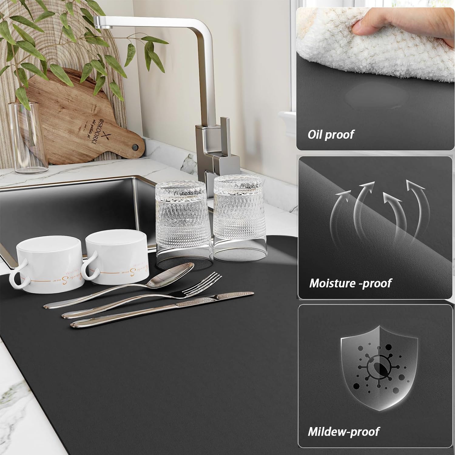VRAJDHAM Premium Kitchen Dish Drying Mat - Super Absorbent, Non-Slip, Fast Drying for Utensils & Dishes (34 x 44 cm) - Perfect for Countertops, Sinks & Dish Racks - Black (Pack of 1)