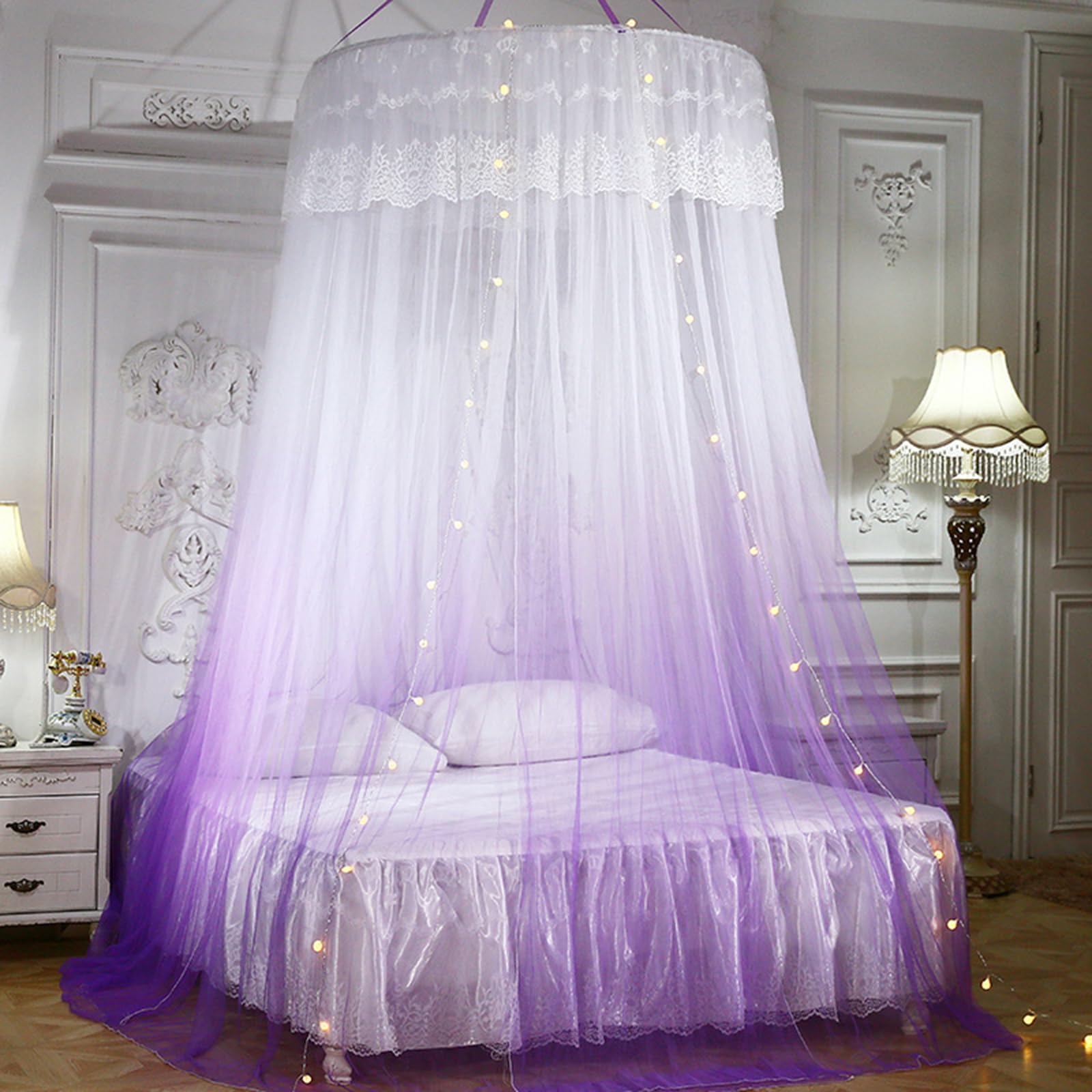 Walkervo Mosquito Net Bed Canopy with LED Lights - Dome Princess Bed Tent with Round Lace Design, Hanging Mosquito Net for Double/Single Beds (Purple) - Perfect for Kids' Rooms, Camping & Outdoor Adventures