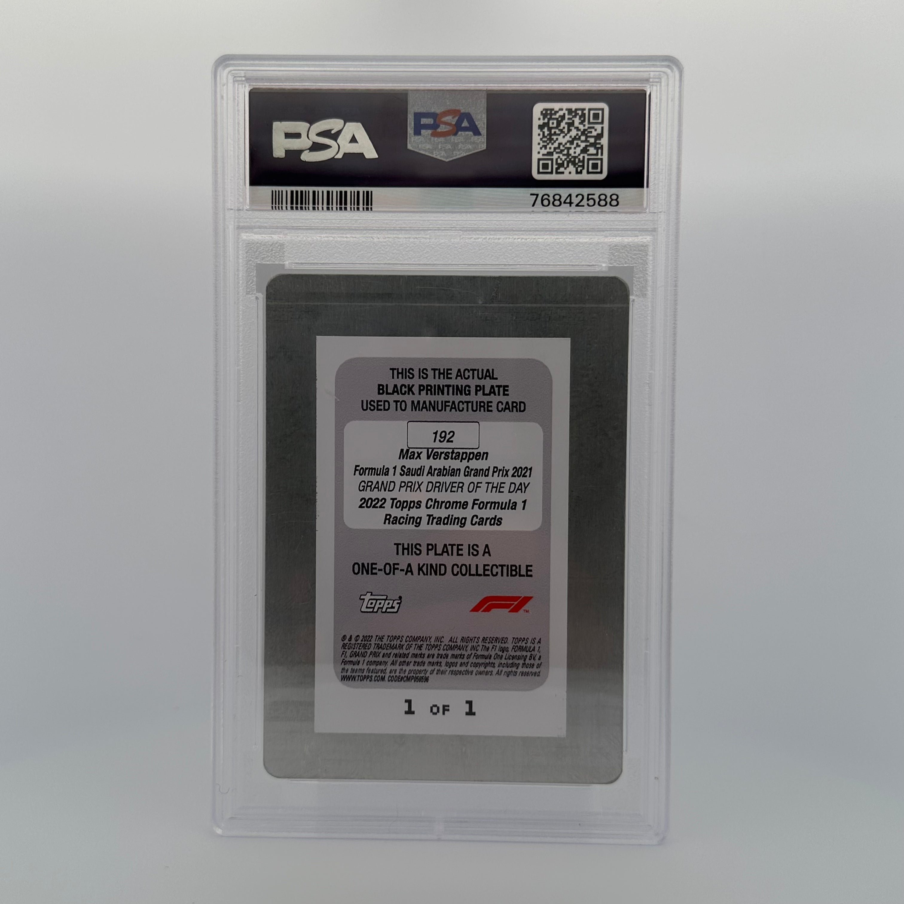 PSA Authentic 1/1 Max Verstappen #192 Black Printing Plate - Rare Collectible for F1 Racing Fans & Sports Memorabilia Enthusiasts - Perfect for Display, Trading Cards Collection, and Man Cave Decor