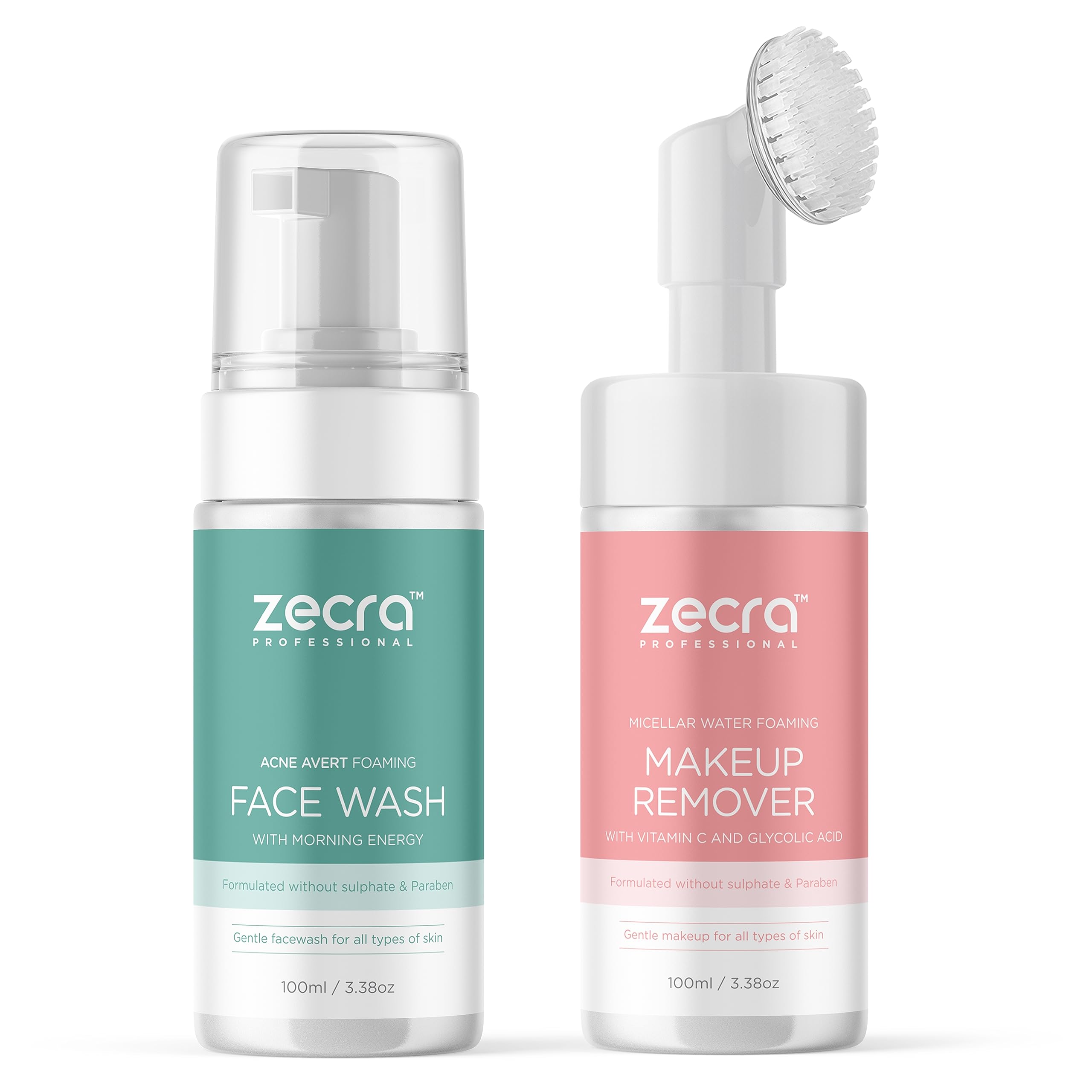 ZECRA Acne Foaming Face Wash & Makeup Remover with Brush - for Clear Skin Care