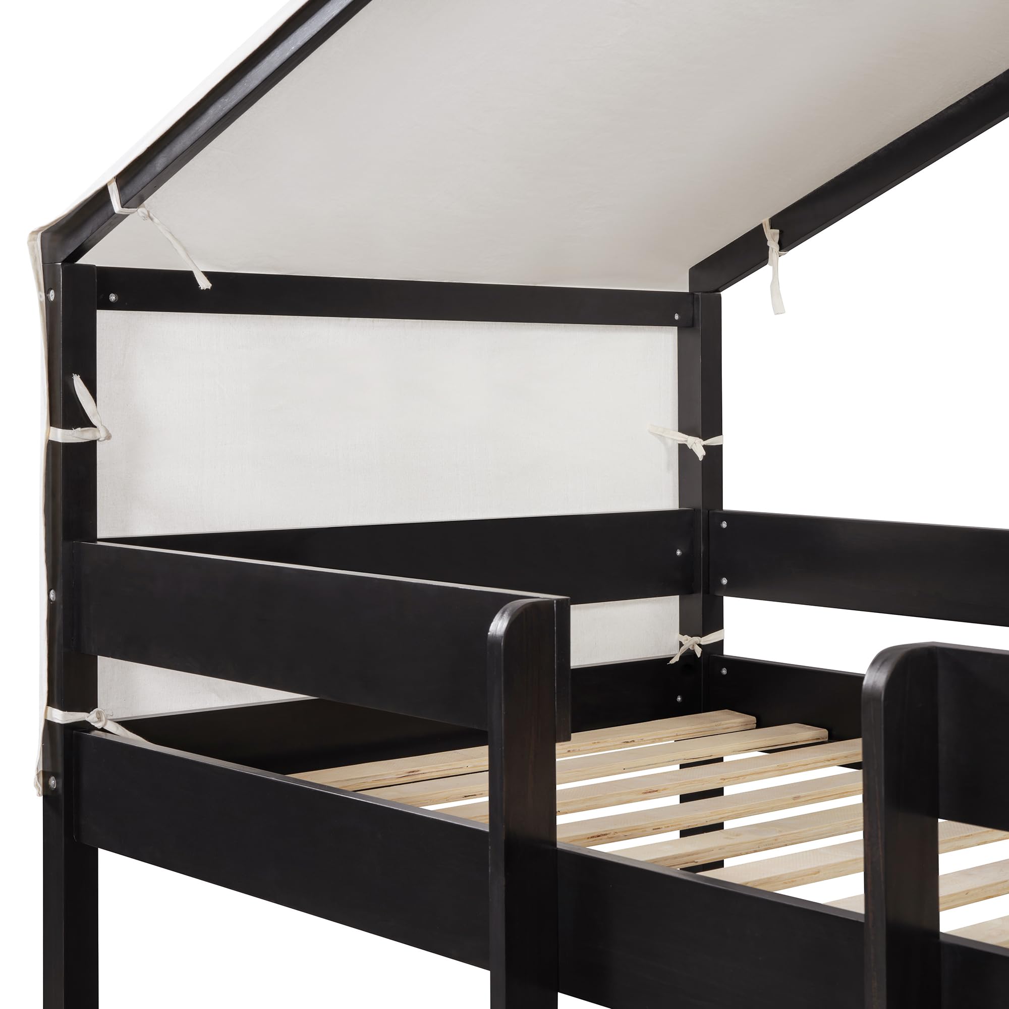 Twin Over Twin Wood Bunk Bed with Play Tent - Kids Bunk Bed with House Design for Boys & Girls - Sturdy Espresso Bed Frame for Bedroom - Perfect for Sleepovers, Playtime & Small Spaces