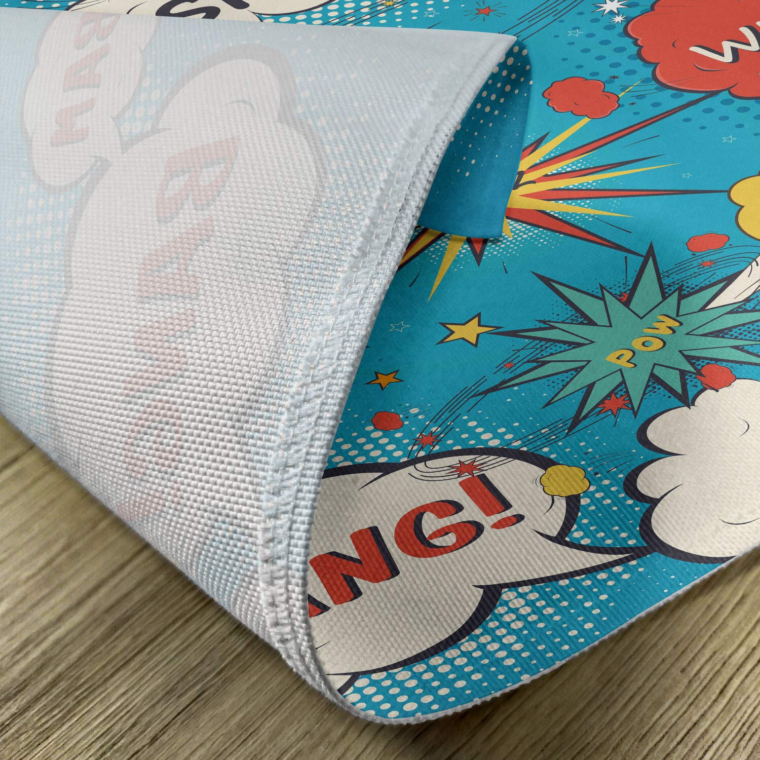 Lunarable Superhero Place Mats Set of 4 - Pop Art Style Comic Speech Bubbles with Funny Humor Expressions (Boom, Splash, Bang) | Washable Fabric Dining Table Placemats | Standard Size (Cream & Blue) | Perfect for Superhero-Themed Parties, Comic Book Lovers, and Fun Family Meals