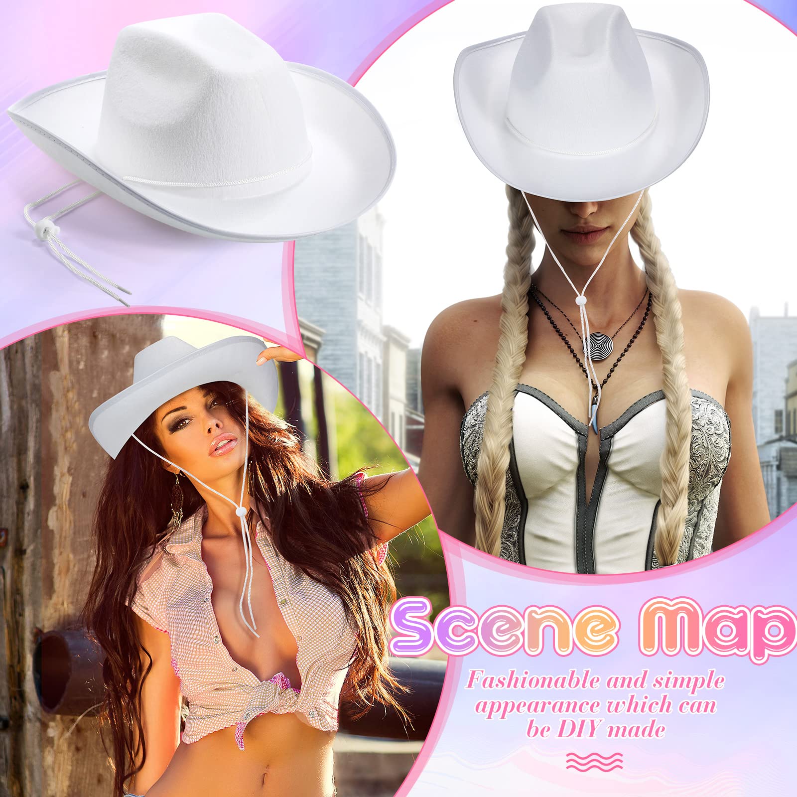 JaGely 22 Pcs White Cowboy Hat Set - Adjustable Western Cowboy Hats for Men & Women - Wide Brim Plain Cowgirl Hat with Neck Drawstring - Perfect for Costume Parties, Rodeo Events, and Western Themed Outfits