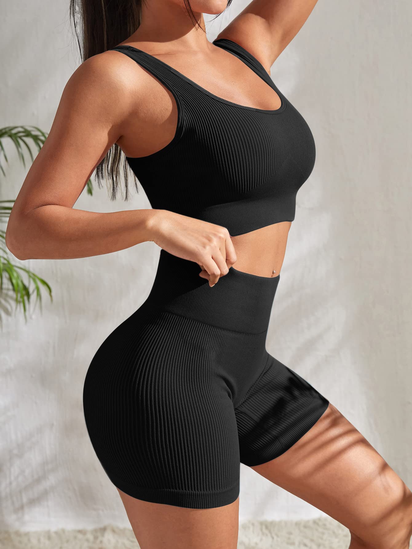 YWBIN Women's 4-Piece Seamless Ribbed Workout Set - High Waist Yoga Shorts & Sports Bra Outfits for Gym, Running & Yoga | Comfortable Activewear for Women