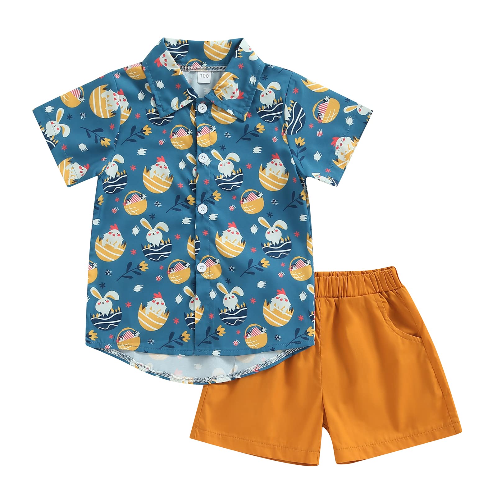 Easter Outfits for Toddler Boys - Bunny & Egg Print Short Sleeve Button Down Shirt with Matching Solid Shorts Set | Summer Church, Easter Egg Hunt & Family Photo Outfits