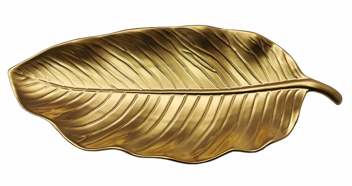 Botanic Collection 17-Inch Gold Titanium Porcelain Ceramic Leaf Plate - Elegant Dinnerware for Fine Dining & Home Decor