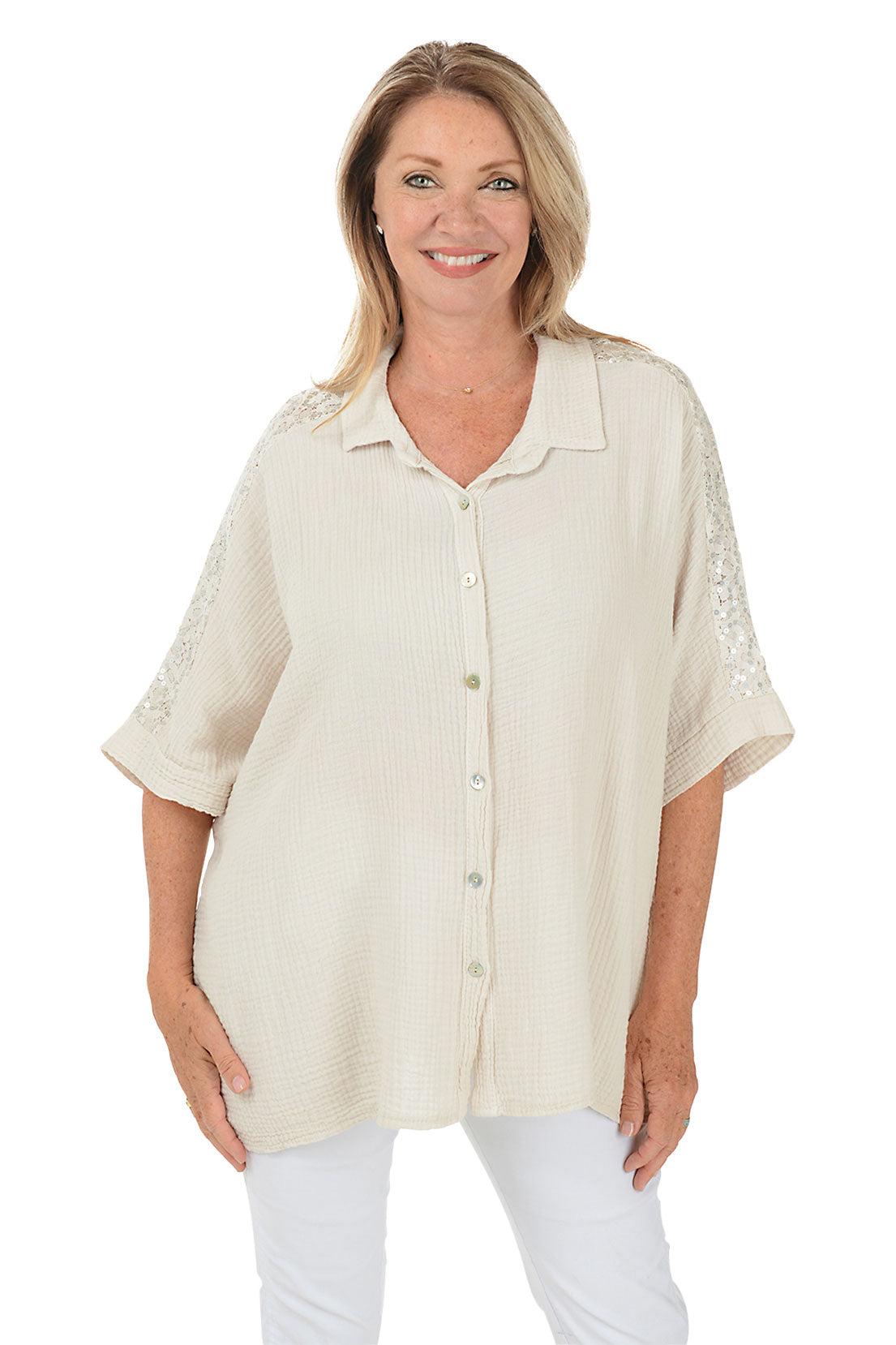 Sparkly Sequined Shoulder Gauze Shirt for Women - Elegant Party Top for Night Out, Date Night & Special Occasions