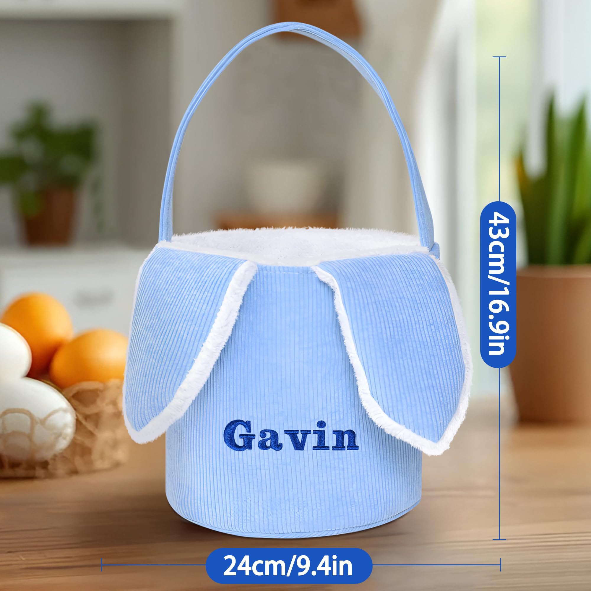 Personalized Easter Baskets for Kids - Blue Bunny Ear Easter Basket with Handle for Egg Hunt, Easter Party & Spring Decor | Jocidea Easter Gift Basket for Boys & Girls