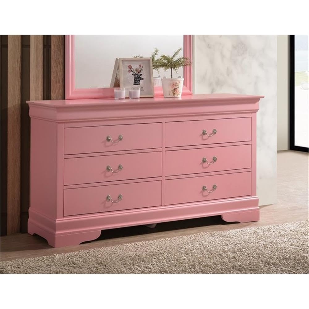 Glory Furniture Louis Phillipe 6-Drawer Pink Dresser - Perfect for Bedroom Storage & Organization