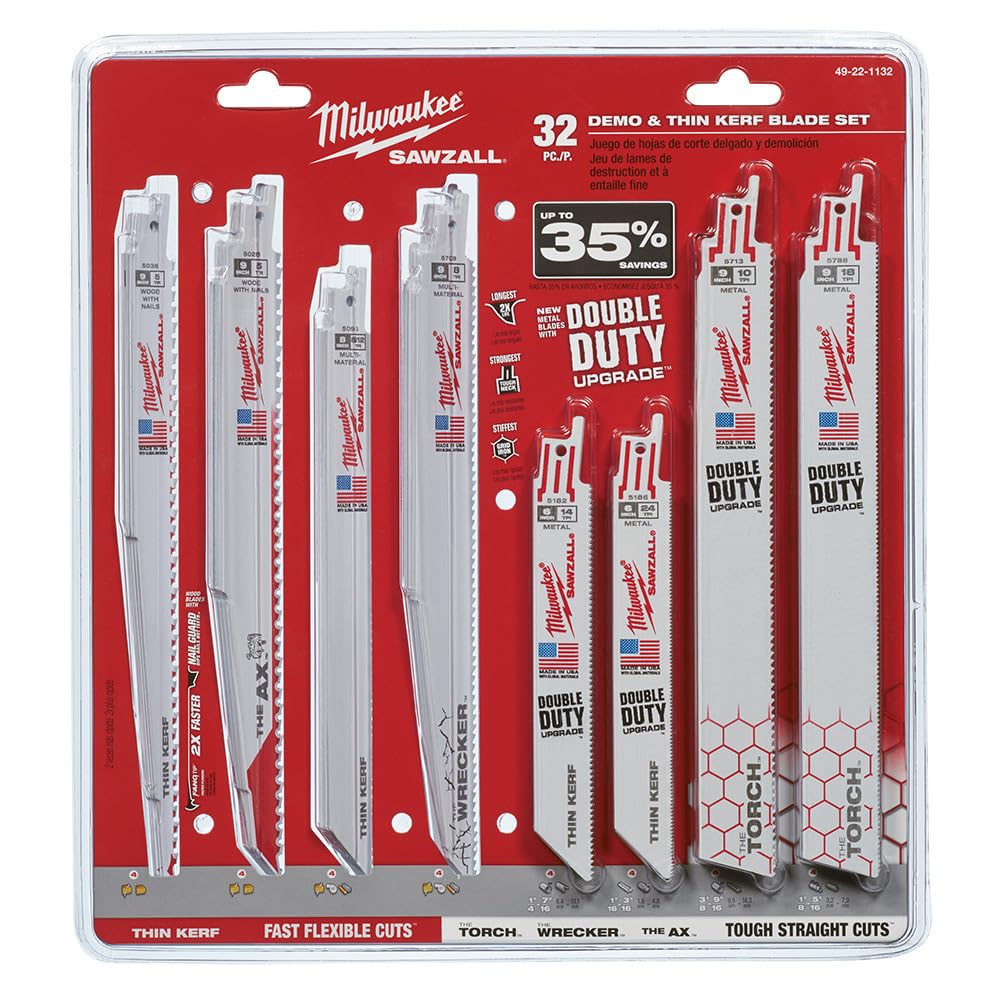 Milwaukee 49-22-1132 Sawzall Blades Mega Set - 32-Piece Thin Kerf & Demolition Blades for Wood, Metal & Masonry | Ideal for Construction, Renovation & DIY Projects