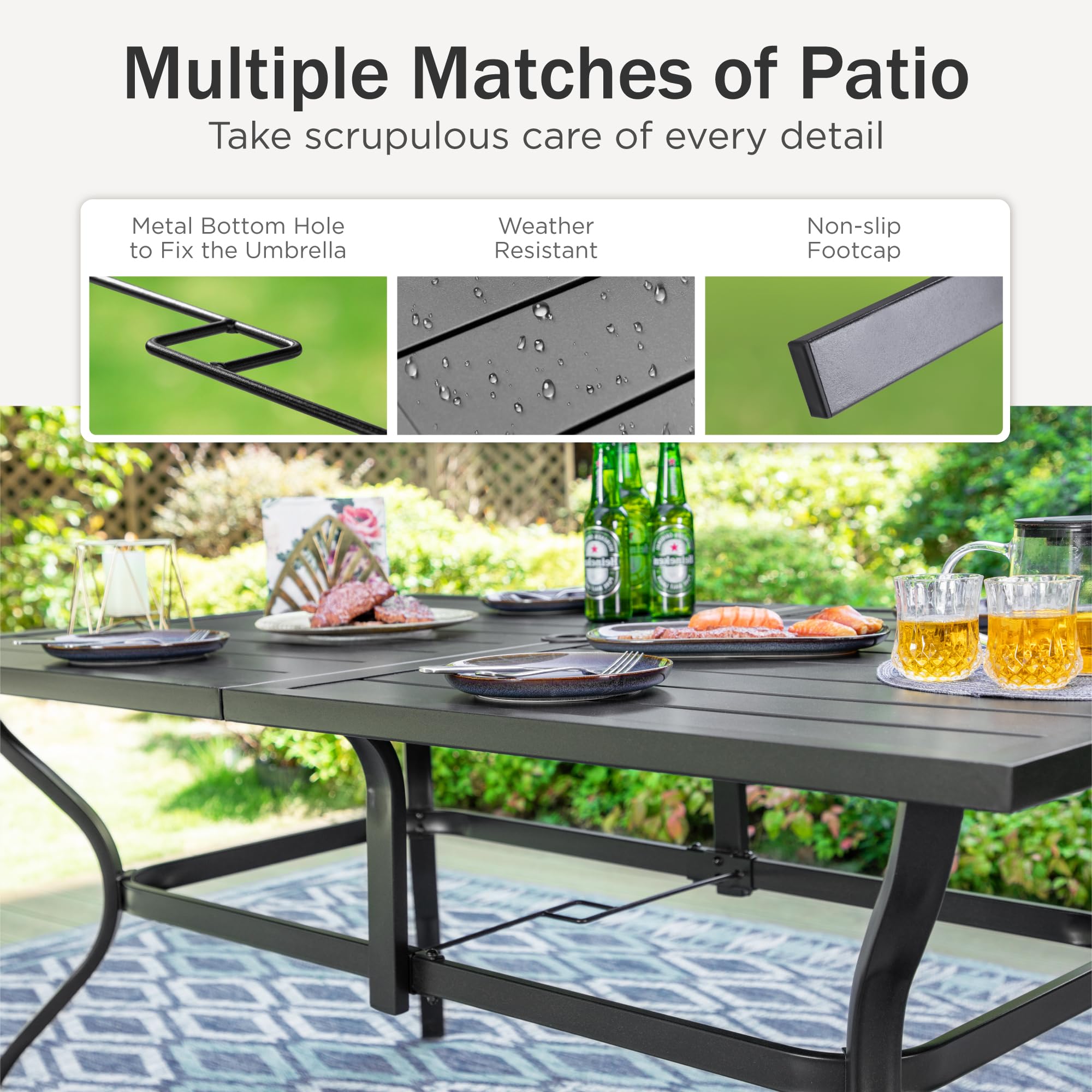 PHI VILLA 60 Inch Outdoor Patio Dining Table - Large Rectangle Table for 6-8 People with Umbrella Hole - Classic Black - Perfect for Backyard, Garden, Poolside & Outdoor Entertaining