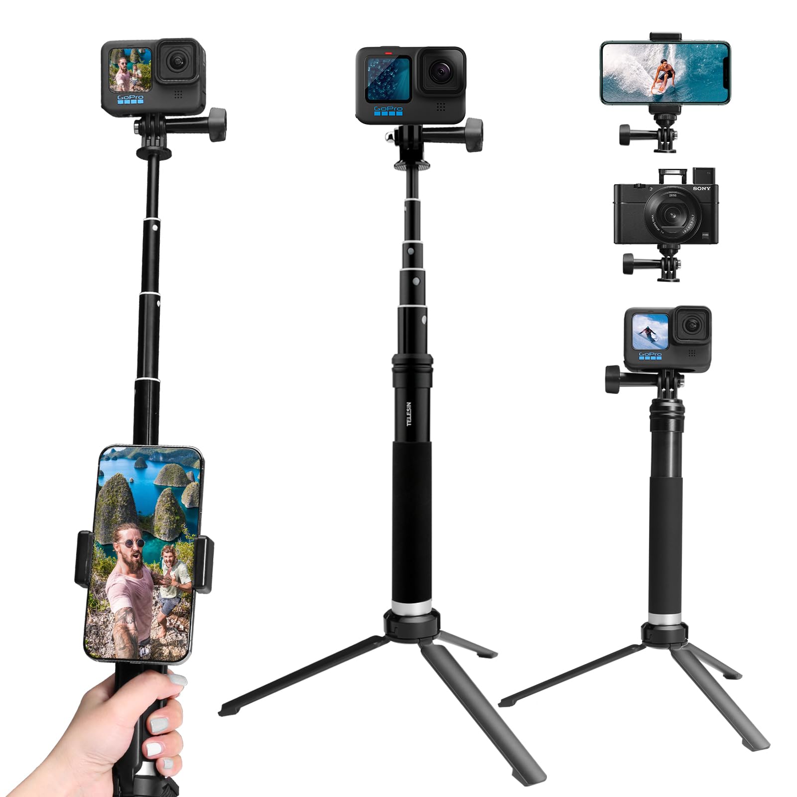 AFAITH Aluminum Alloy Selfie Stick for GoPro Hero 13/12/11/10/9/8/7/6/5/4, Mini, Max, Session & Insta360, DJI OSMO Action Cameras - Extendable Monopod with Stable Tripod Base & Waterproof Design for Travel, Vlogging, and Outdoor Adventures