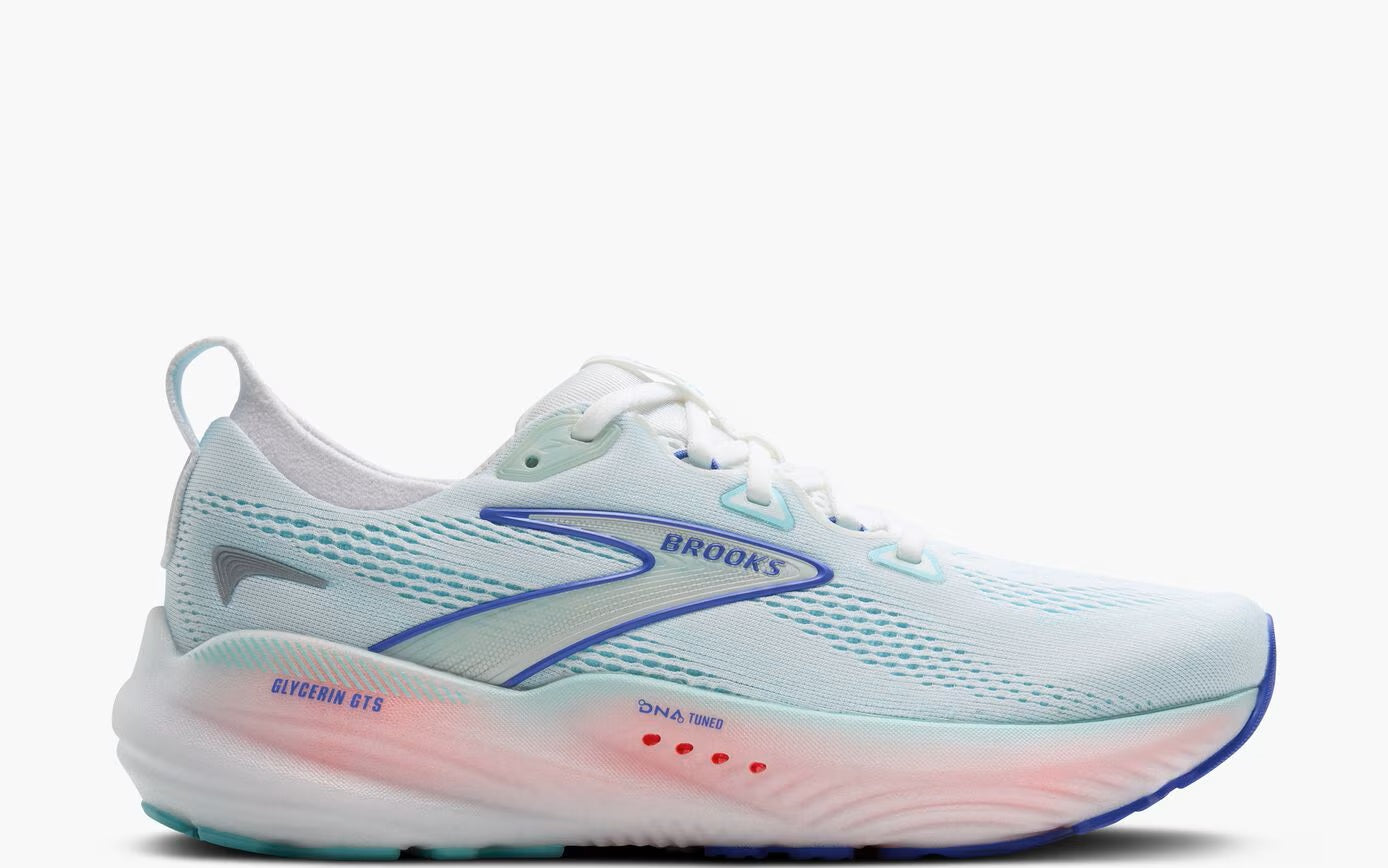 Brooks Women's Glycerin GTS 22 Running Shoes - White/Limpet Shell/Amparo Blue - Premium Cushioned Support for Road Running, Jogging & Gym Workouts