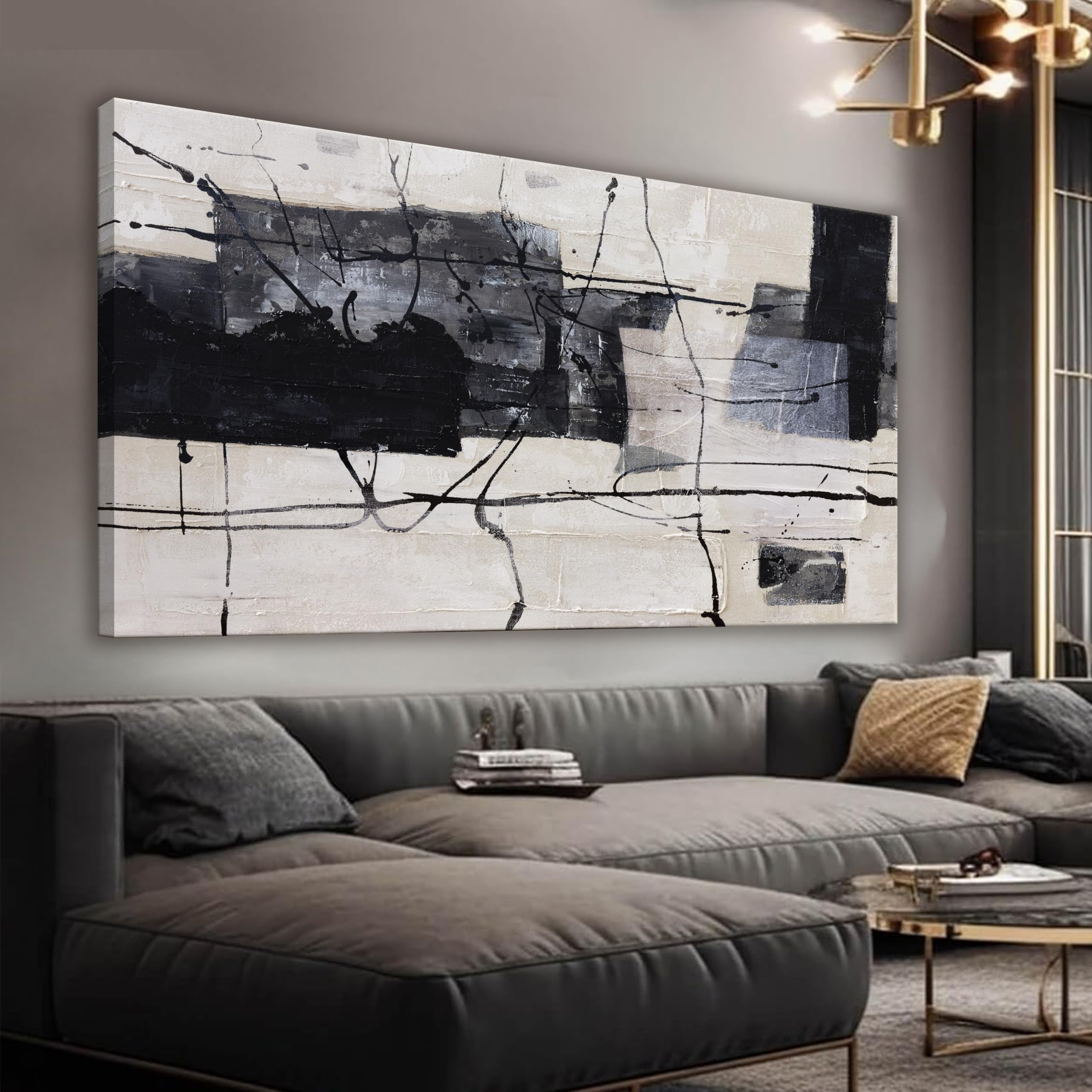Large Abstract Wall Art Canvas Painting - Black & White Modern Home Decor for Living Room, Bedroom, Dining Room - 29x58 Inch Framed Wall Decor - Perfect for Contemporary Spaces & Office Wall Art
