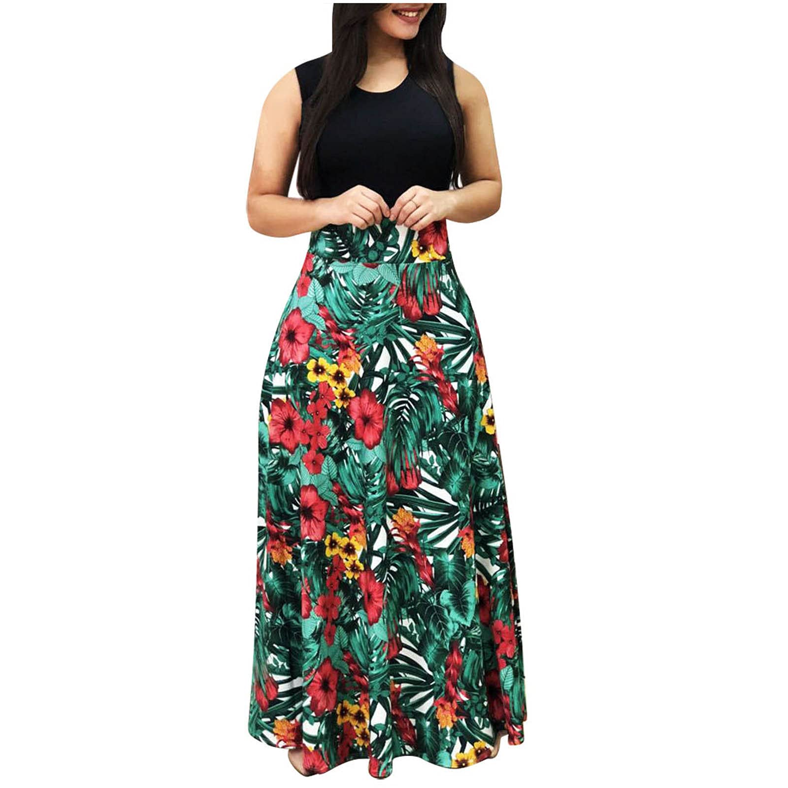 Women's Summer Sleeveless Floral Patchwork High Waist Cocktail Swing Dress - Tank Maxi Dress for Beach, Party & Vacation