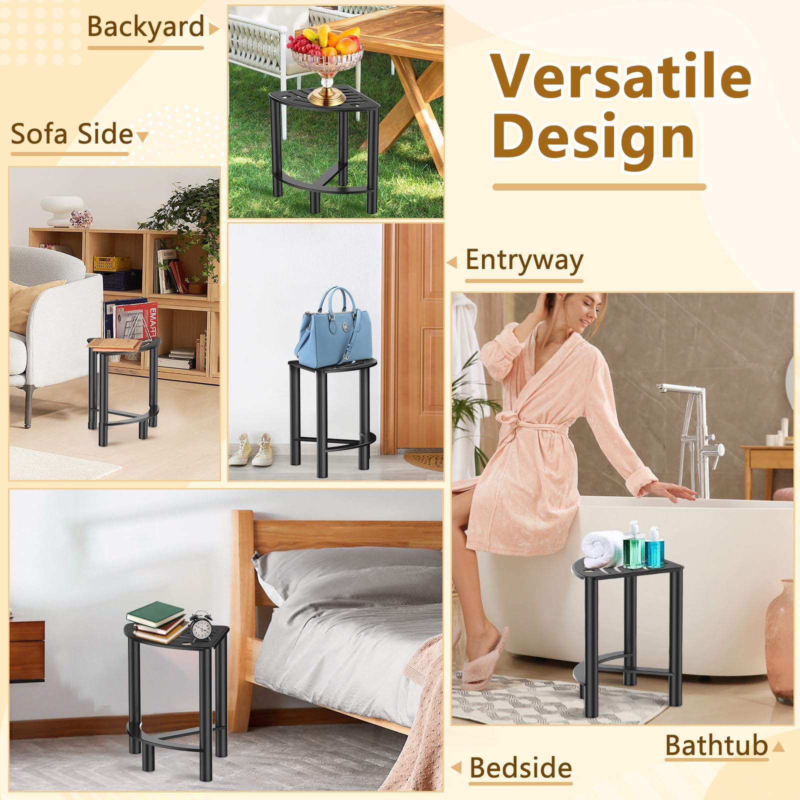 YUOROS Metal Shower Bench - Waterproof Shaving Stool with Non-Slip Feet for Elderly & Disabled - Compact Corner Shower Seat for Bathroom Safety (Ideal for Leg Shaving, Foot Care & Relaxation)