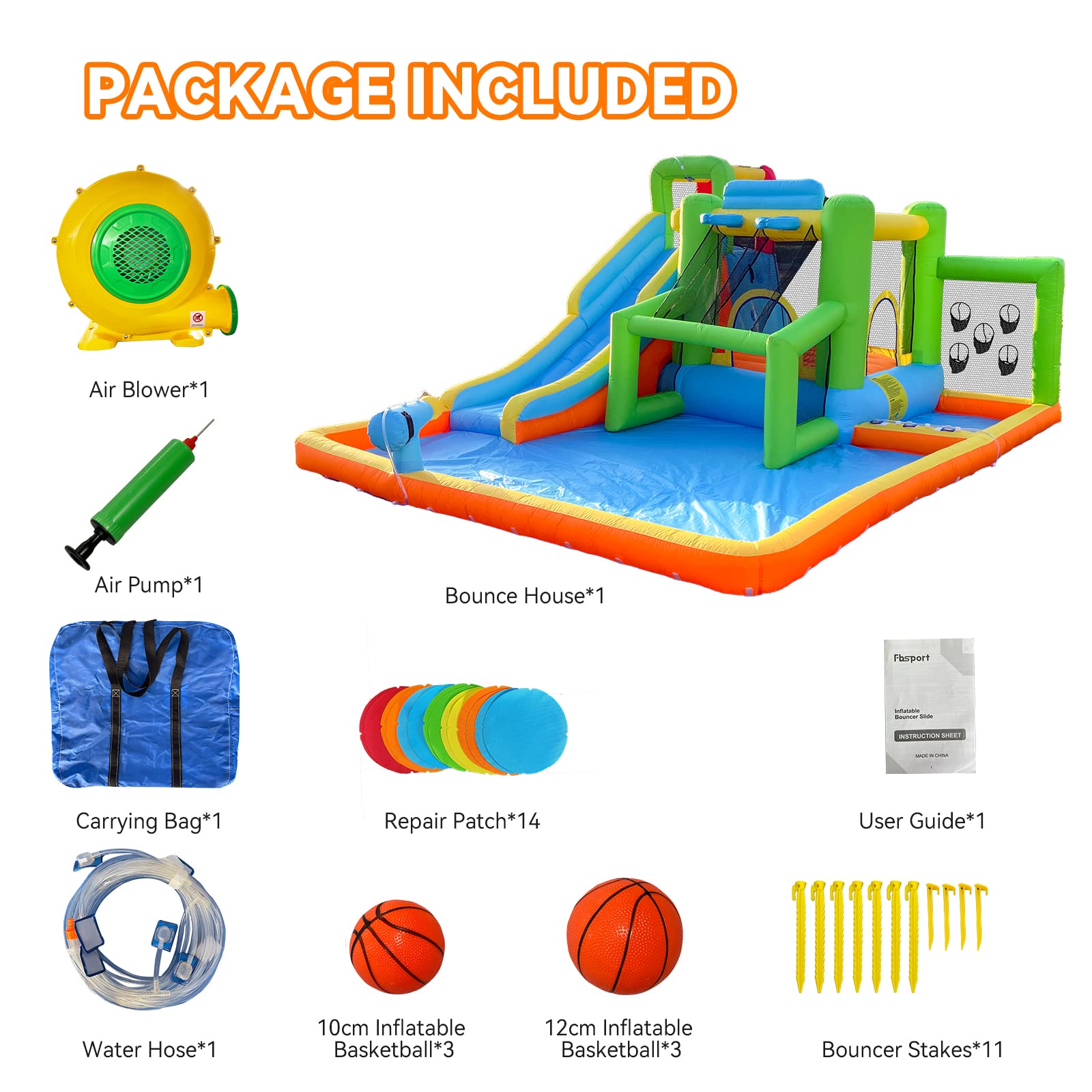 FBSPORT 9-in-1 Inflatable Bounce House Water Slide with 550W Blower - Kids Indoor/Outdoor Bouncy Castle with Ball Shooting, Water Gun, Splash Pool & Bounce Area | Perfect for Birthday Parties, Backyard Fun & Summer Water Play