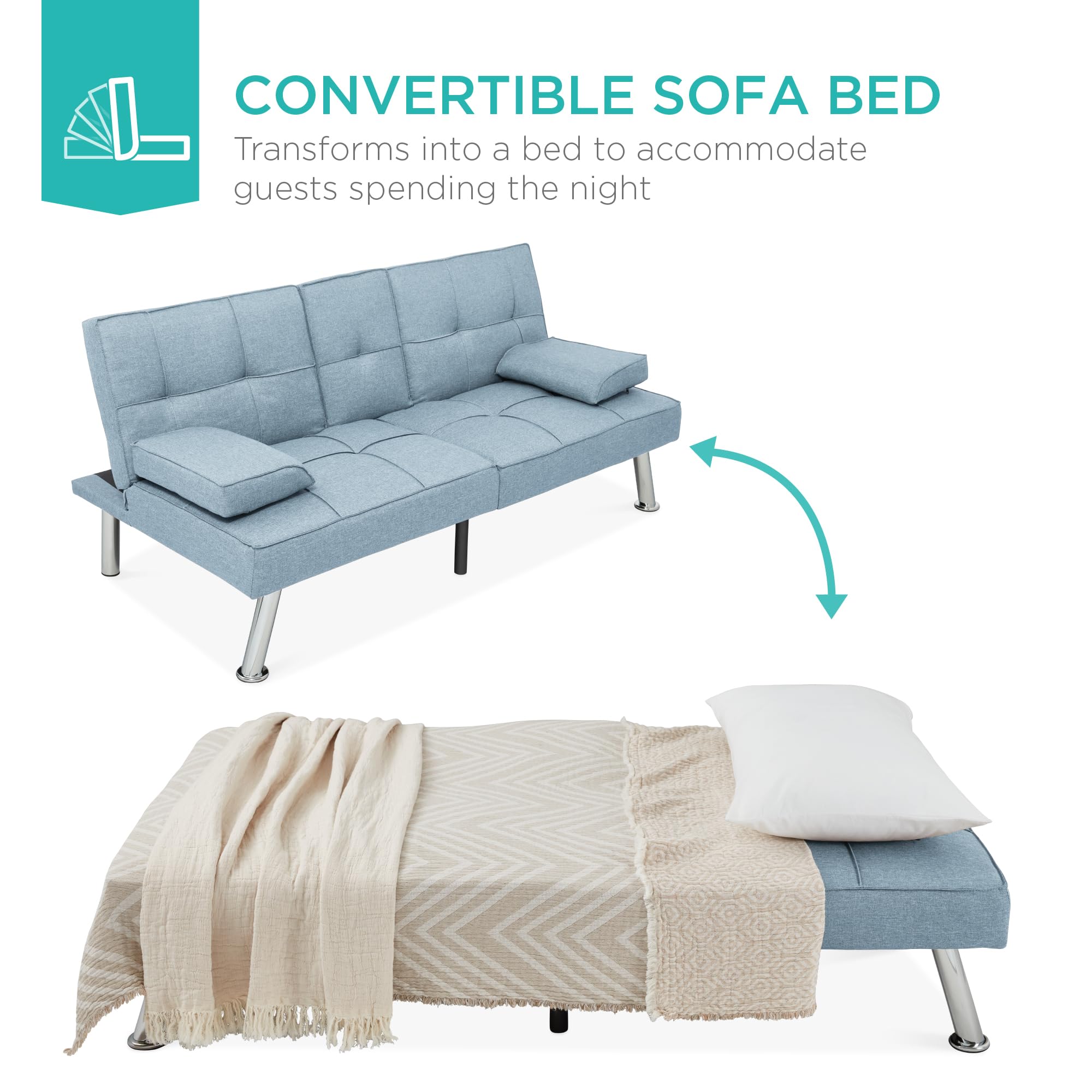 Best Choice Products Modern Folding Futon Sofa Bed - Light Blue Linen Reclining Convertible Couch with Removable Armrests & 2 Cup Holders - Perfect for Small Apartments, Dorm Rooms, Guest Rooms and Home Offices