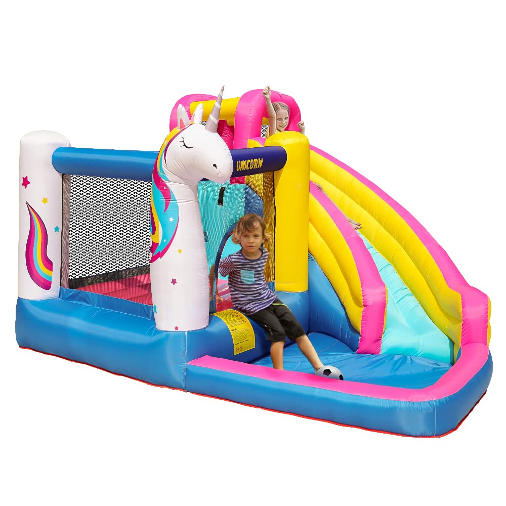 **Doctor Dolphin Inflatable Bounce House with Water Slide & Climbing Wall - Unicorn Jumping Castle for Kids, Splash Pool & Ball Pit - Outdoor Backyard Water Park for Birthday Parties & Summer Fun**
