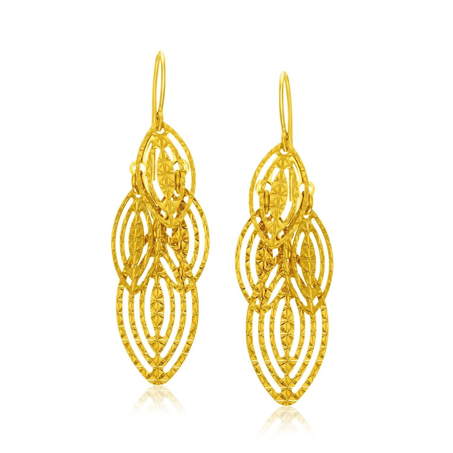 14K Yellow Gold Textured Marquise Cut-Out Drop Earrings for Women - Elegant Dangling Jewelry for Parties, Weddings & Special Occasions