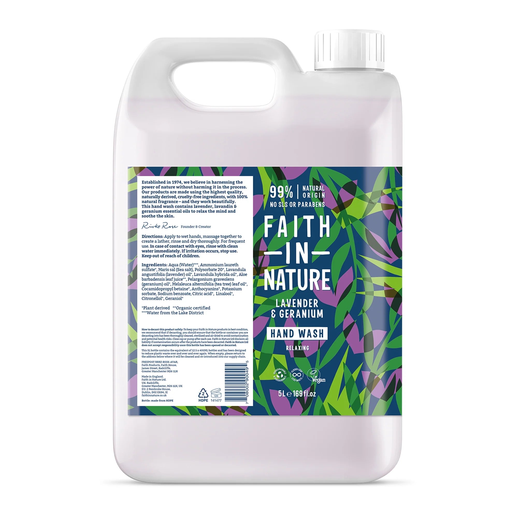 Faith In Nature Lavender & Geranium Hand Wash Refill 5L - Natural Plant-Based Liquid Soap for Sensitive Skin | Eco-Friendly Bulk Refill for Home, Spa & Office Use
