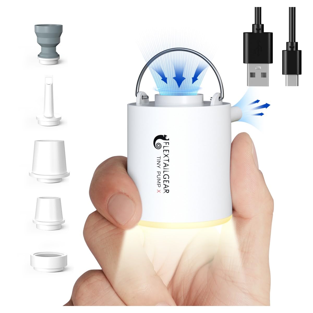 FLEXTAILGEAR Tiny Pump X - Portable USB Rechargeable Air Pump with 1300mAh Battery & Built-in Camping Light | Ultra-Compact for Inflating Sleeping Pads, Air Mattresses, Pool Floats, Swimming Rings | Perfect for Camping, Travel, Beach & Outdoor Adventures (White)