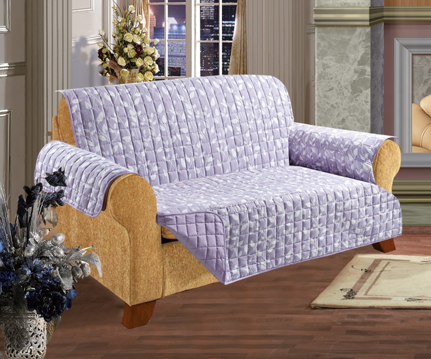 Quilted Sofa Protector for Pets & Kids - Non-Slip 2-Tie Design, Ultra Soft Microfiber (Lilac Leaf) | Perfect for Living Room Furniture Protection Against Pet Hair, Spills, and Everyday Wear