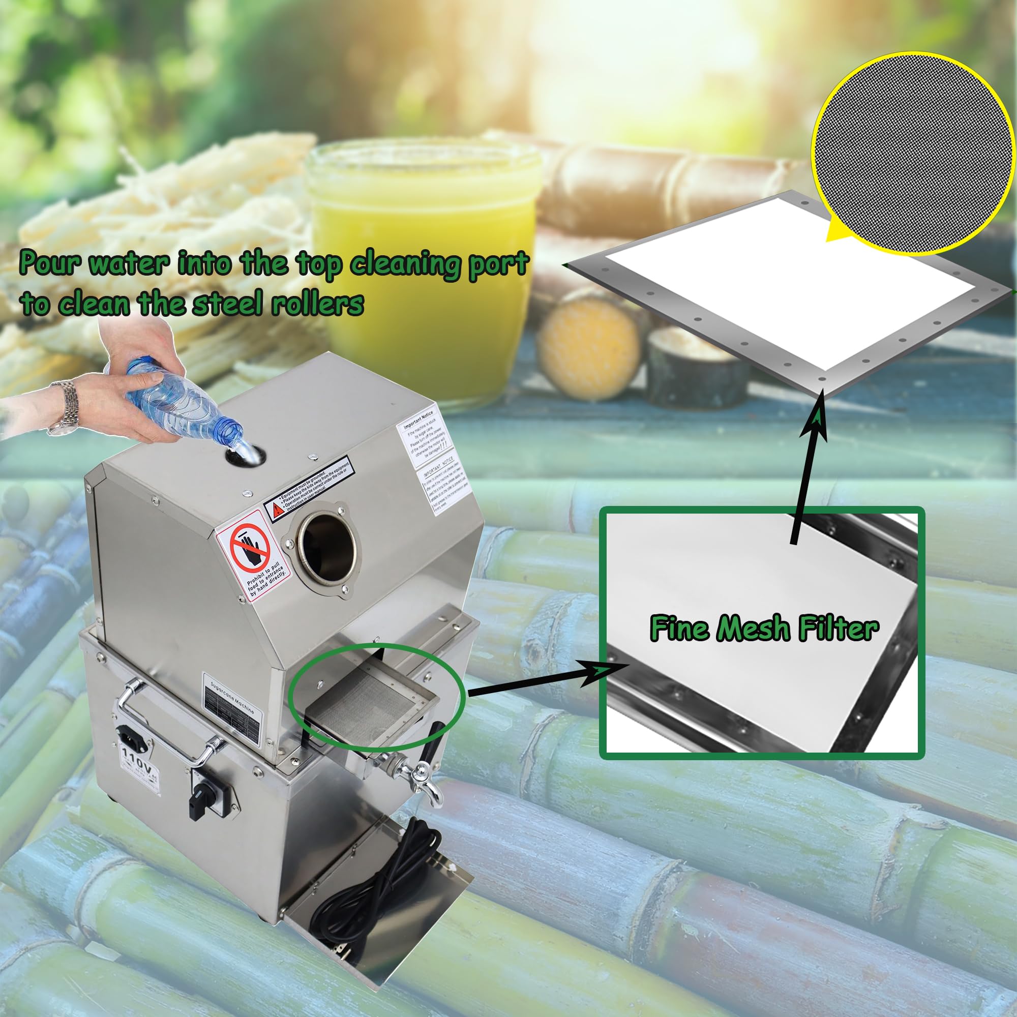 INTSUPERMAI 110V Commercial Electric Sugar Cane Juicer Machine - 304 Stainless Steel 3 Rollers for Fresh Sugarcane & Sweet Sorghum Juice Extraction - Perfect for Juice Bars, Restaurants & Home Use