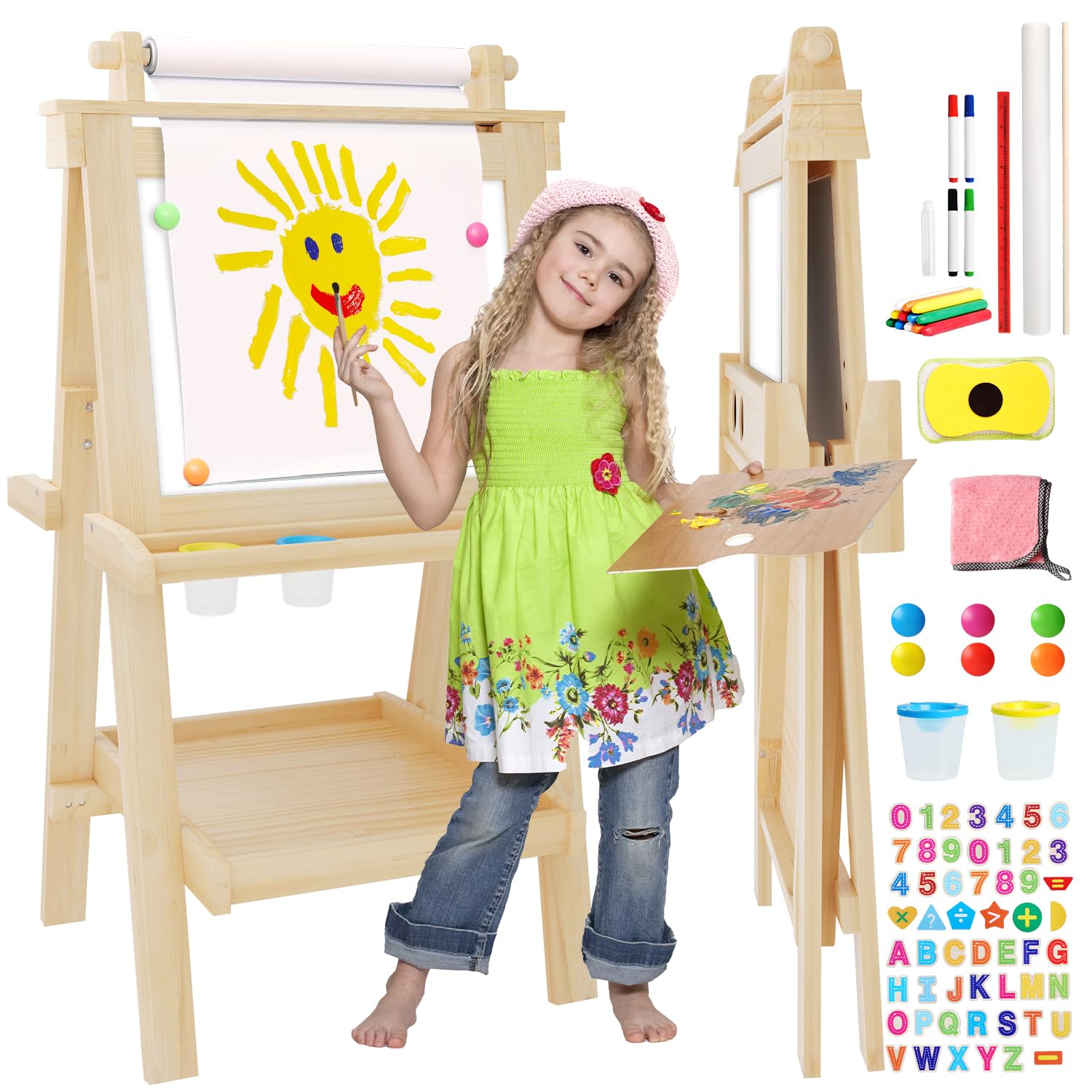 Deluxe Foldable Kids Easel - All-in-1 Magnetic Chalkboard & Whiteboard Art Center with Paper Roll & 84 Accessories - Natural Wood Toddler Drawing Board for Boys & Girls Ages 3-8 - Perfect for Home, Classroom & Creative Play
