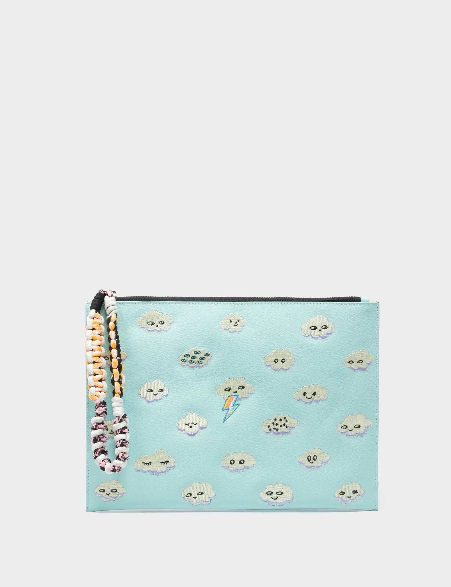 Fidelio Water Ballet Blue Leather Pouch with Happy Clouds Embroidery - Elegant Travel Organizer & Cosmetic Case for Women