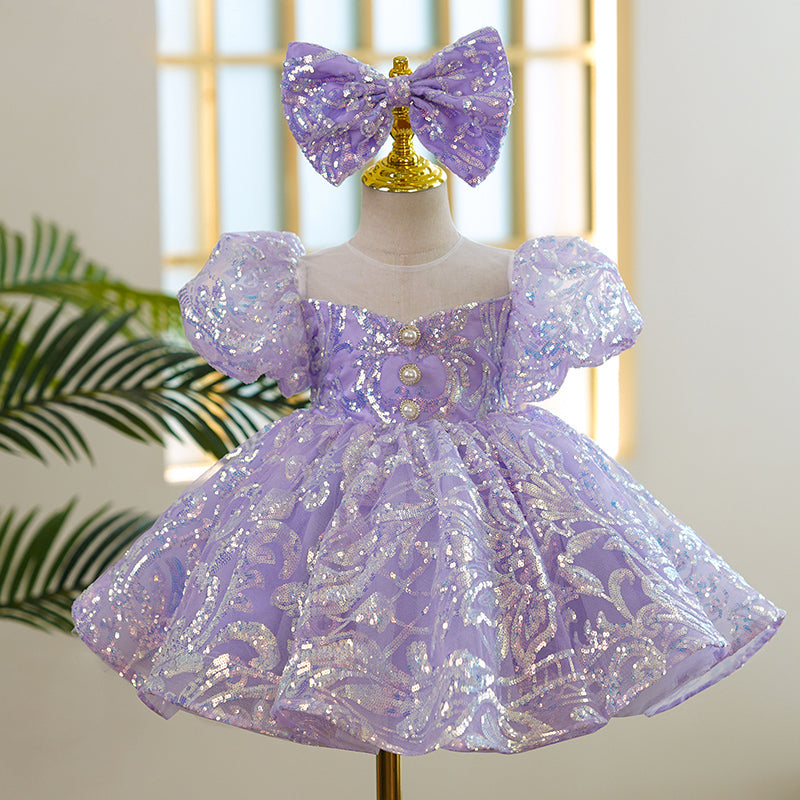 Lilac Sequin Princess Dress with Bow Puff Sleeves | Elegant Party Gown for Girls | Perfect for Birthday, Pageant, and Special Occasions