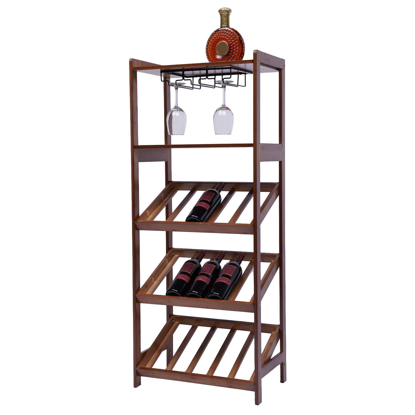 3-Tier Freestanding Wine Rack with Glass Holder - Sturdy Metal Wine Bottle Organizer Shelf for Kitchen, Bar, Pantry & Dining Room Storage | Holds 12 Bottles & 8 Glasses | Space-Saving Design