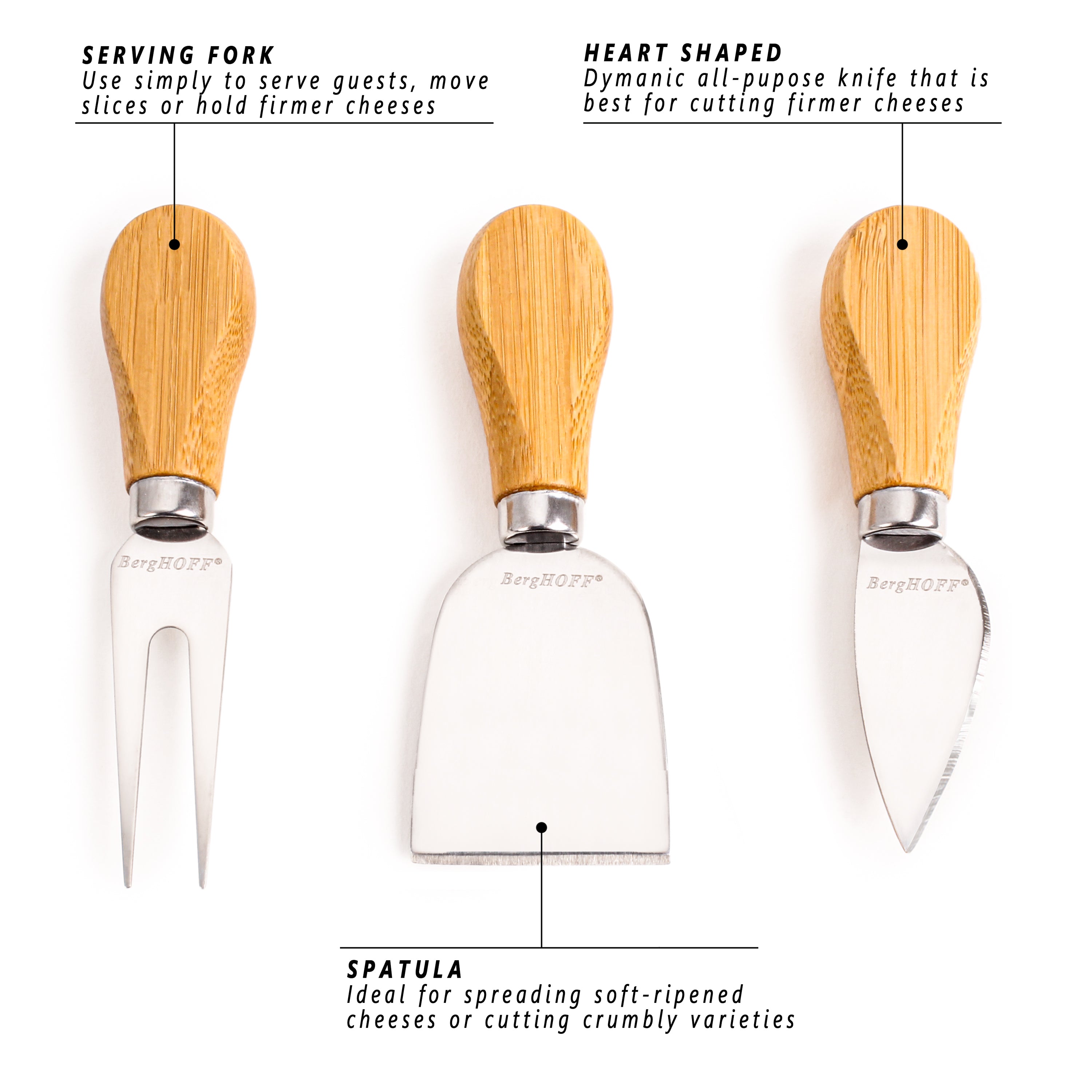 BergHOFF 4-Piece Stainless Steel Cheese Knife Set with Bamboo Paddle Board - Perfect for Charcuterie, Cheese Platters & Entertaining (22x7.9x1 Inch)