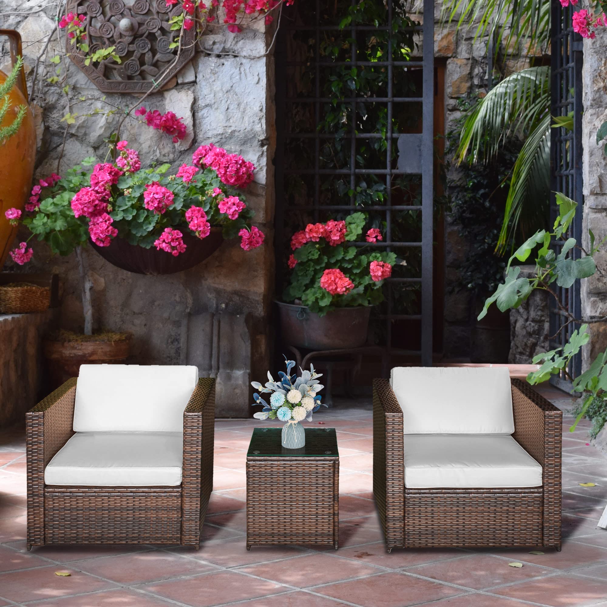 Outsunny 3-Piece White Wicker Outdoor Bistro Set with Glass Coffee Table & Thickened Cushions - Rattan Patio Furniture for Backyard, Balcony, Garden - Perfect for Relaxing, Entertaining & Outdoor Dining