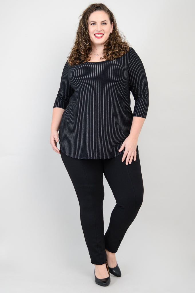 Jazz 3/4 Sleeve Top - Black & White Pin Stripe Bamboo Fabric Women's Blouse for Casual Wear & Office Outfits