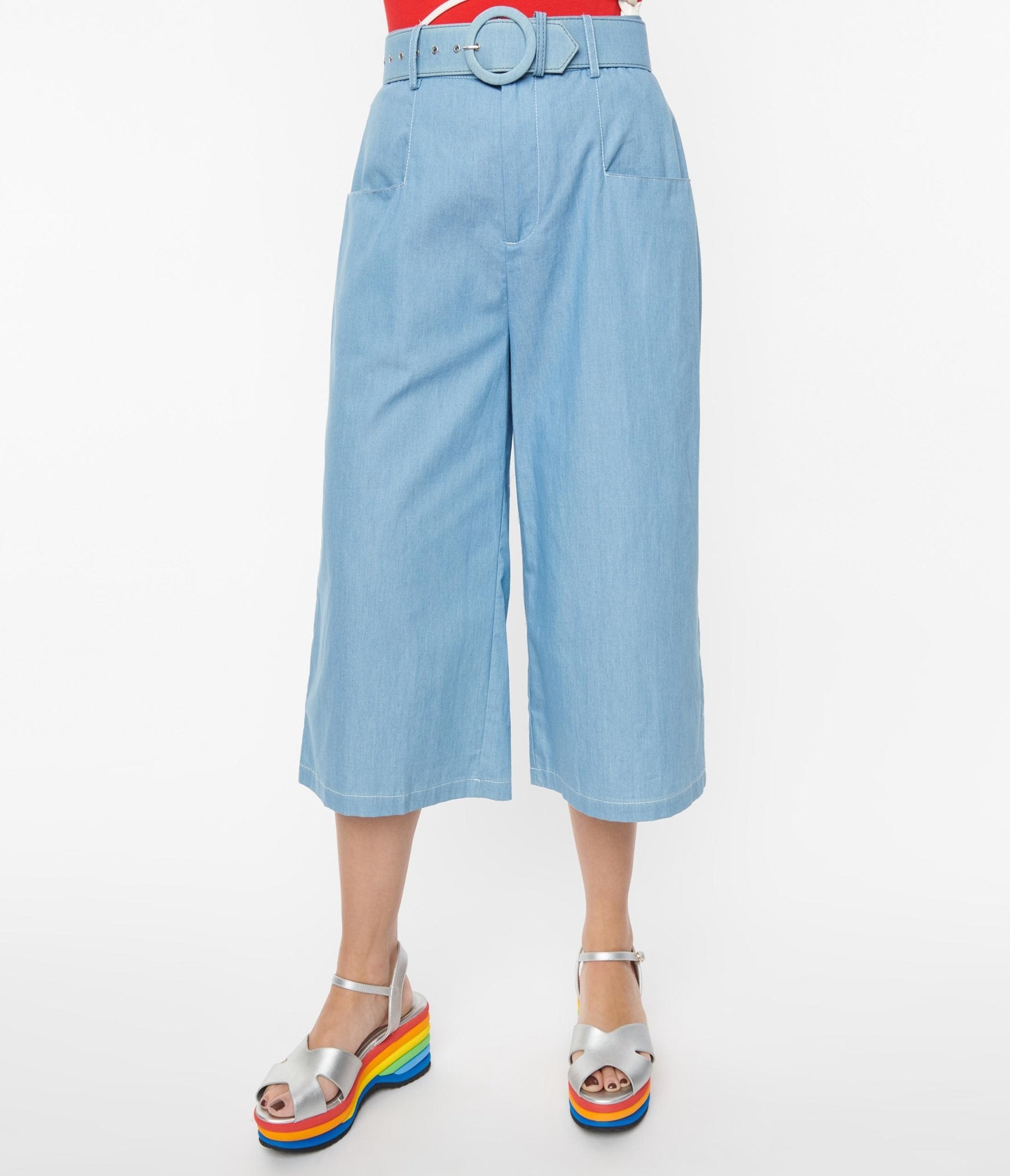 Vintage 1940s Light Blue Denim Ginger Capri Pants - Retro High Waisted Women's Jeans for Casual Wear & Costume Parties
