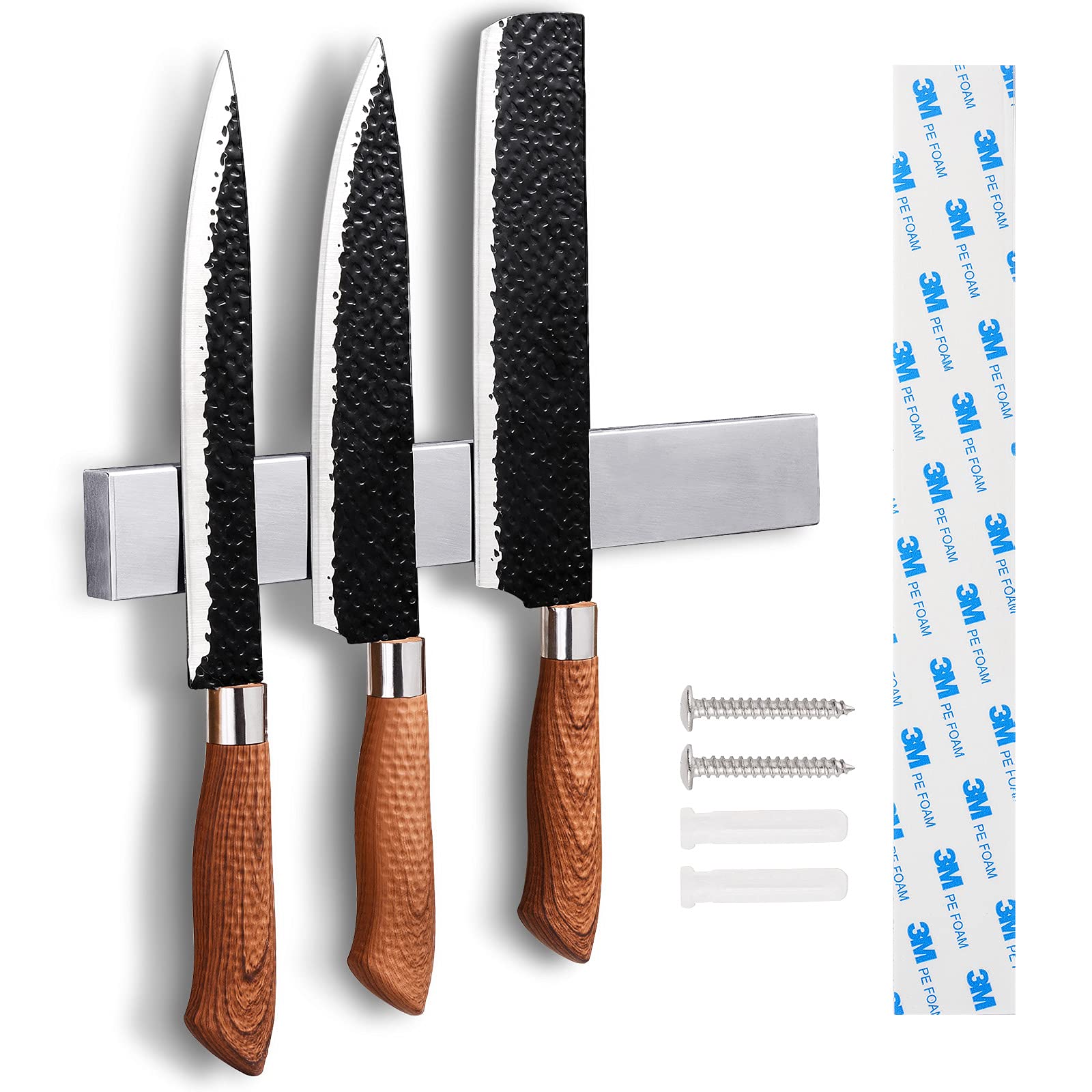 Upgraded 15.7 Inch Stainless Steel Magnetic Knife Holder for Wall - Strong 3M Adhesive Knife Strip Bar Rack for Kitchen Utensils & Tools | Perfect for Knife Storage, Spice Rack, and Kitchen Organization