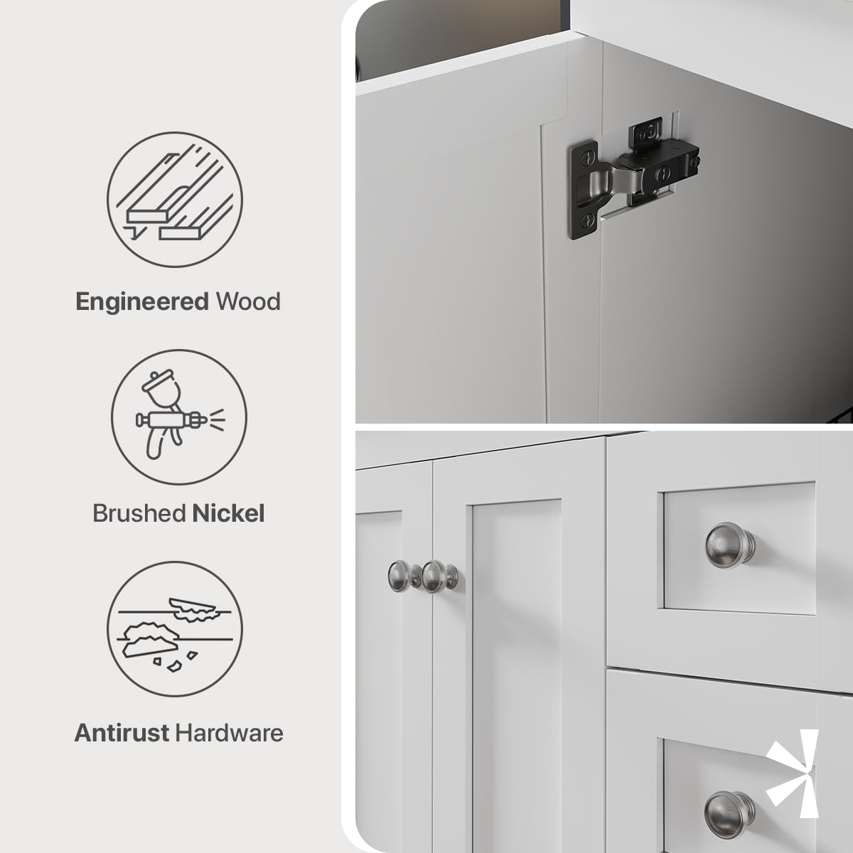 24 Inch Modern White Bathroom Vanity with Sink - Freestanding Vanity with Soft-Close Drawers & Brushed Nickel Handles - Perfect for Small Bathrooms, Powder Rooms & Apartment Remodels