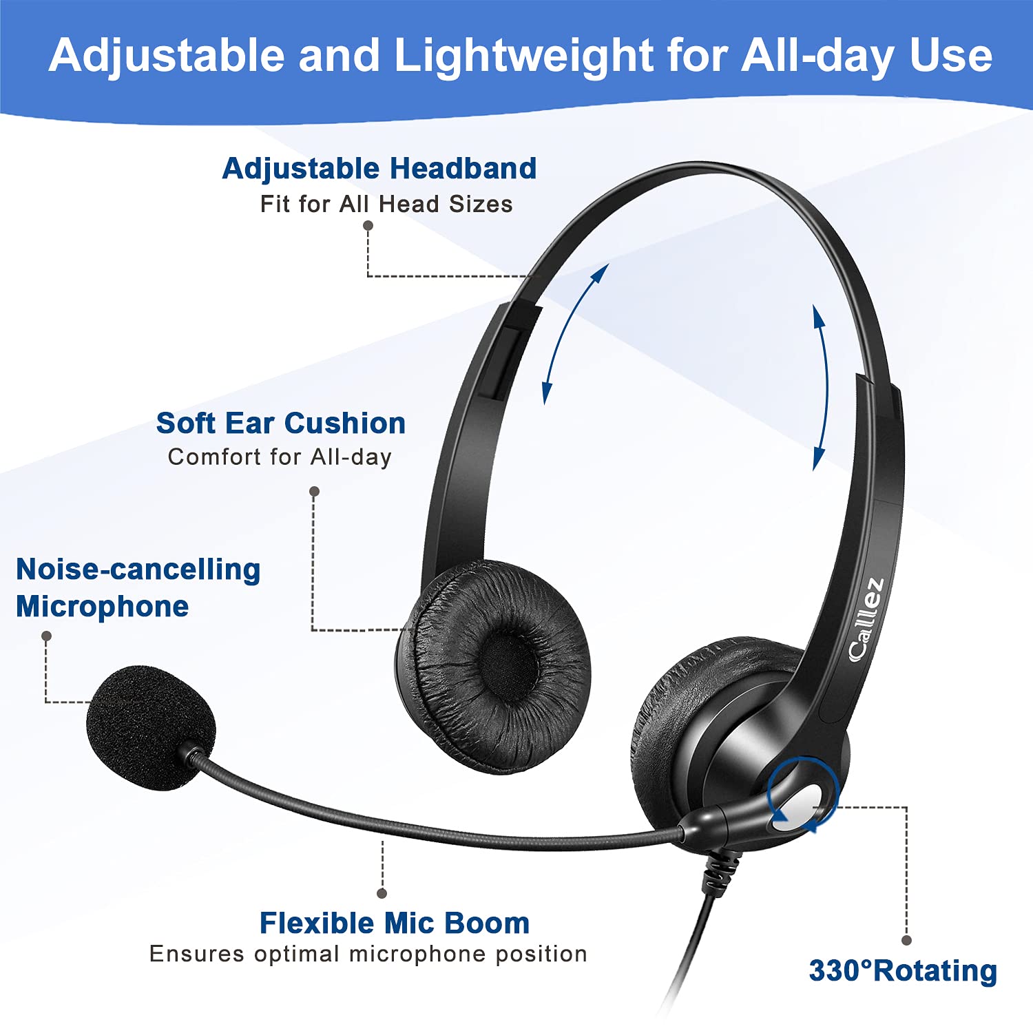 Noise Cancelling RJ9 Phone Headset with Volume Control - Compatible with Polycom VVX310/410/411, Plantronics S12, Avaya 1416/5410, Mitel 5320e, ShoreTel 230 - Ideal for Office Calls, Customer Service & Remote Work