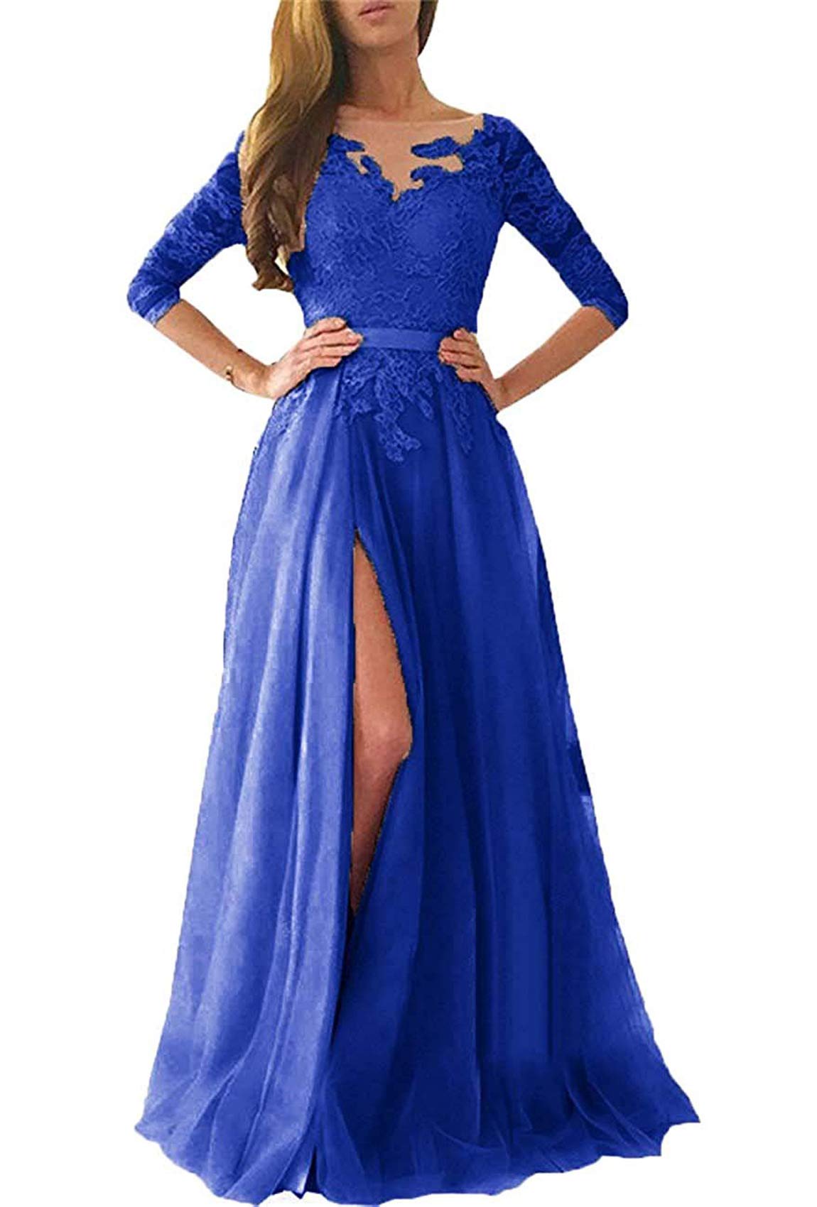 OLOEY BeautBoy Women's Royal Blue 3/4 Sleeve Prom Dress with Long Appliques & High Slit - Formal Evening Gown for Homecoming, Wedding Party & Special Occasions - Size 14