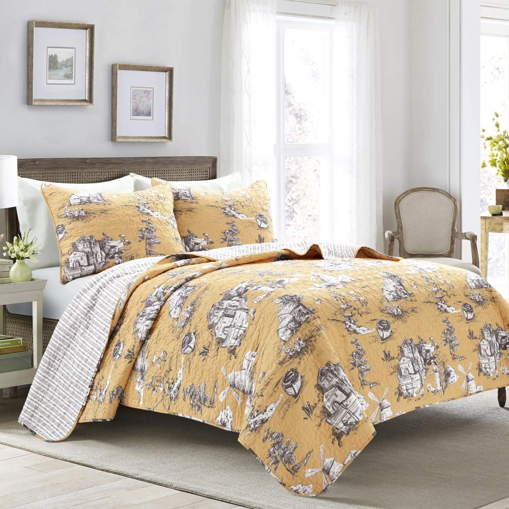 Lush Decor French Country Toile Cotton Reversible 3-Piece Quilt Set - Yellow & Gray King Size Bedding | Elegant Farmhouse Bedroom Decor for Master & Guest Rooms