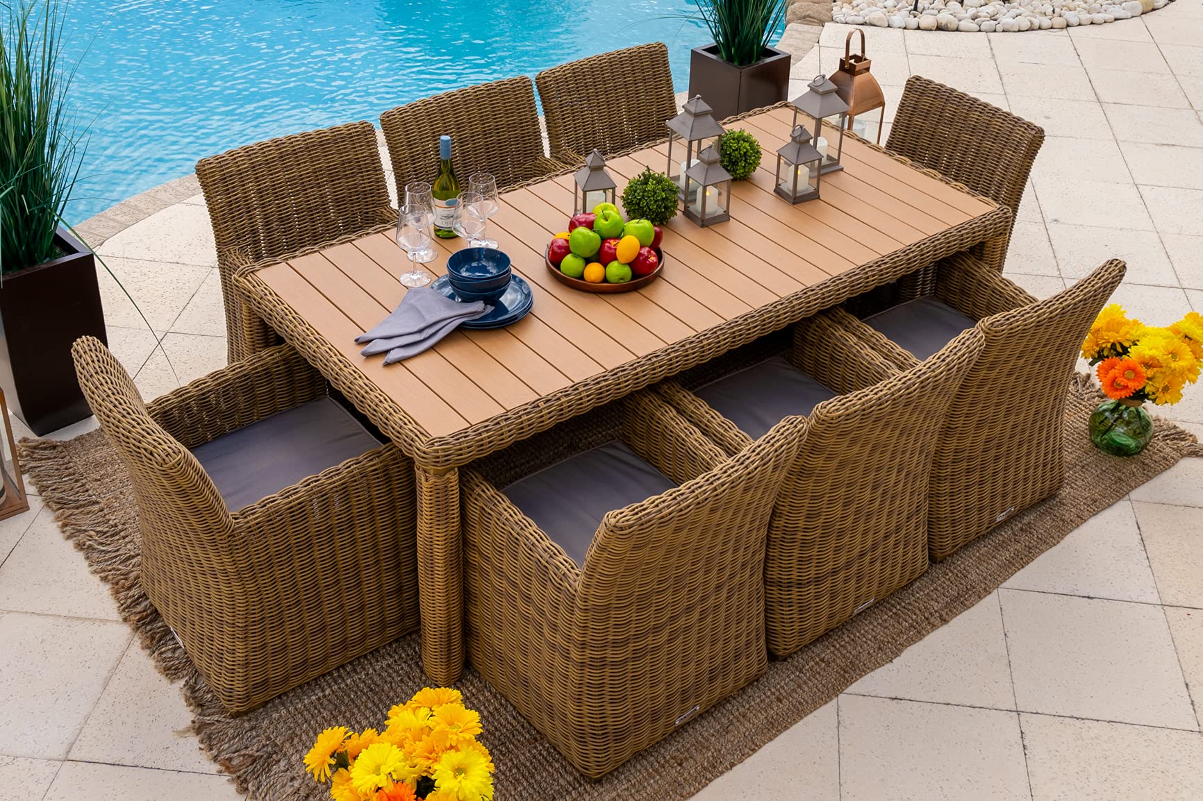 Malmo 9-Piece Outdoor Patio Dining Set - Natural Resin Wicker Table with 8 Chairs, Light Gray Polyester Cushions - Perfect for Garden, Backyard & Poolside Entertaining