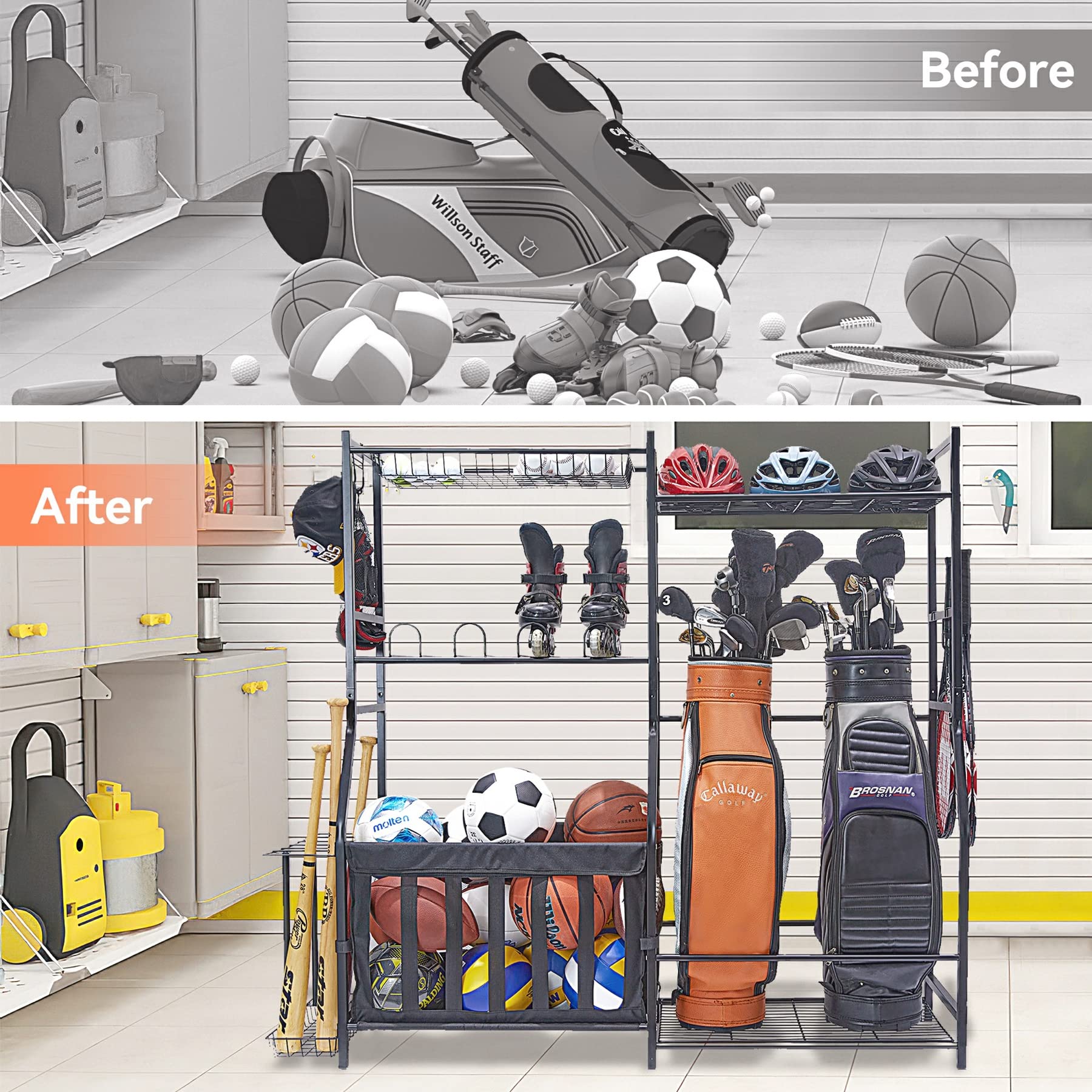Garage Sports Equipment Organizer & Golf Bag Stand - Heavy Duty Ball Storage Rack for Indoor/Outdoor Use - Kids Toys Storage Bins with Baskets - Perfect for Garage, Basement, Backyard & Playroom Organization