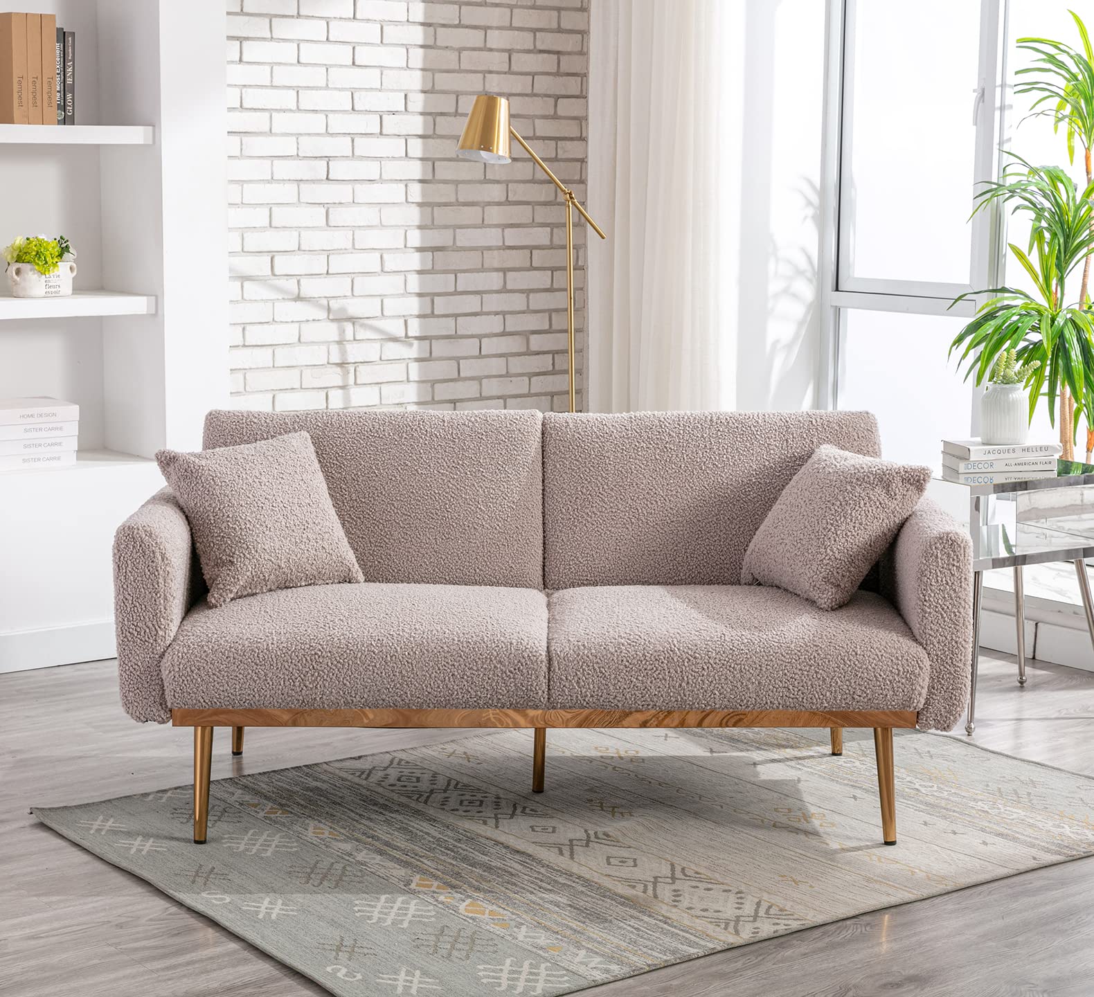 Antetek 3-Position Adjustable Futon Sofa Bed - Modern Upholstered Convertible Loveseat with 5 Metal Tapered Legs & 2 Decorative Pillows, Grey Teddy Fabric - Perfect for Small Spaces, Guest Rooms & Studio Apartments