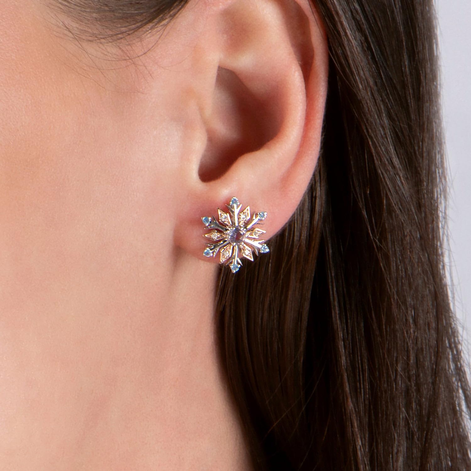 Enchanted Disney Elsa Snowflake Earrings - 14K Rose Gold over Sterling Silver with 1/20 CTTW Diamond, Sky Blue Topaz & Rose de France | Elegant Jewelry for Women | Perfect for Disney Fans, Weddings, Parties & Special Occasions