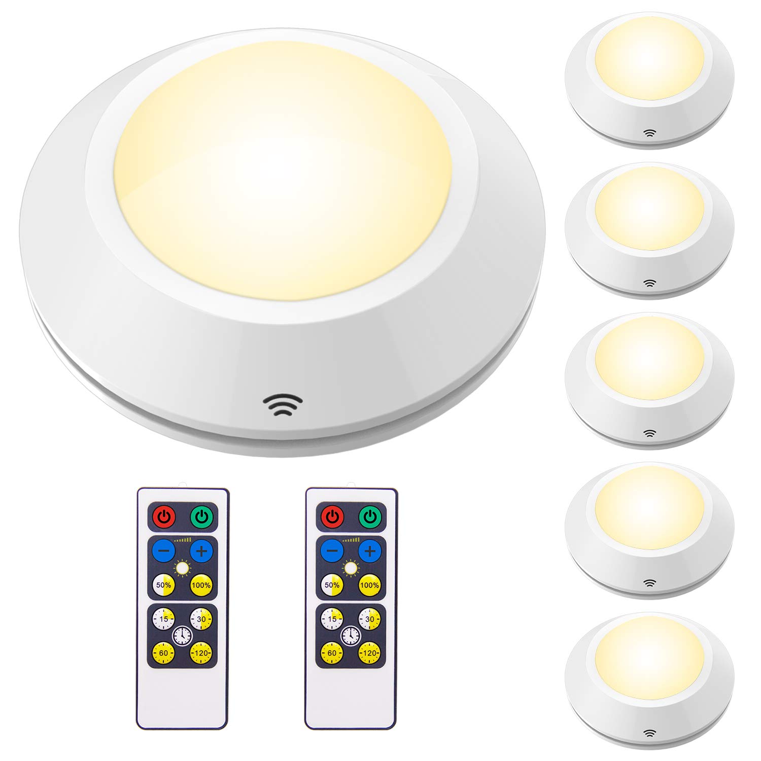 HONWELL Puck Lights with Remote - 6 Pack Cordless Battery Powered LED Closet Lights, Under Cabinet Lighting for Kitchen, Shelf, Wardrobe - Tap & Push Button Operation for Easy Use