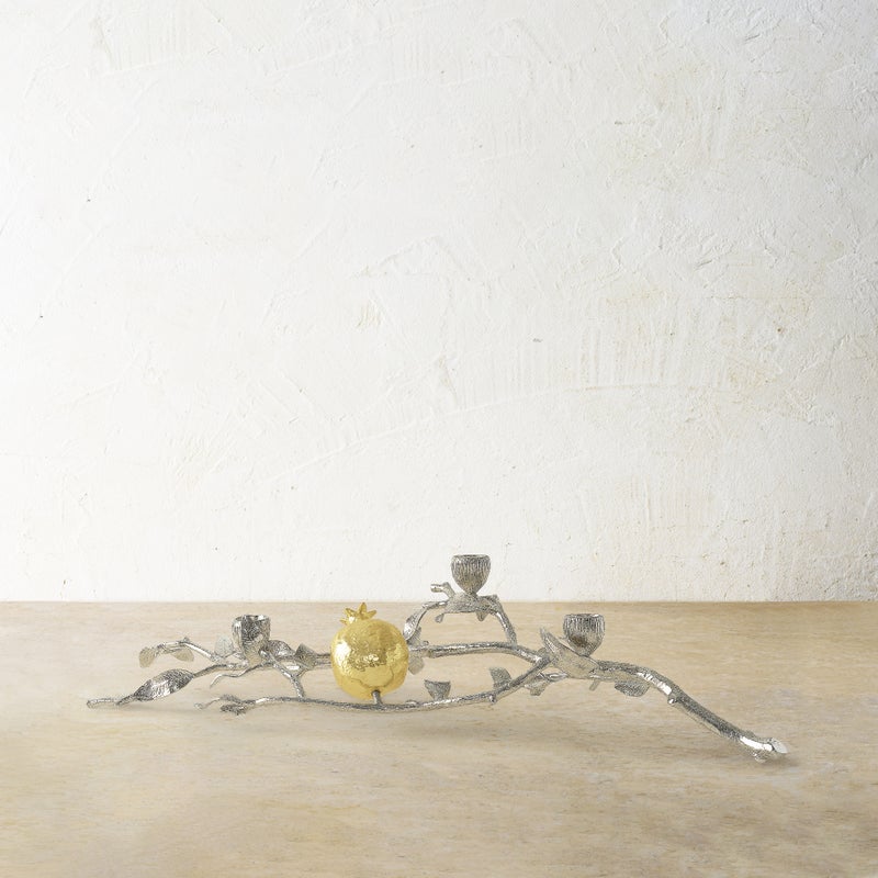 Elegant Pomegranate Silver & Gold Low Candle Holders - Set of 2 for Wedding Centerpieces, Romantic Dinner Decor, and Holiday Table Settings
