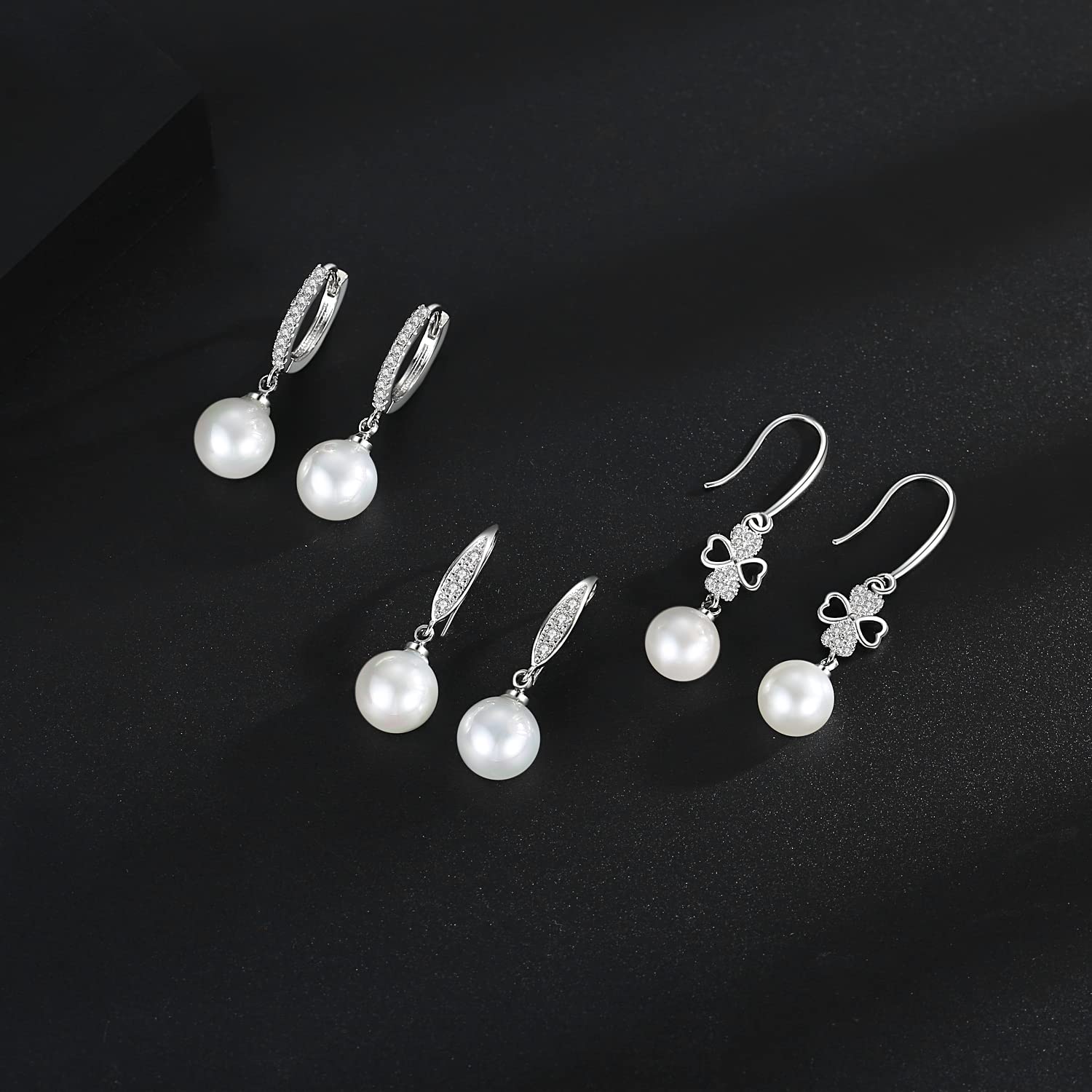925 Sterling Silver Pearl Drop Earrings for Women – Hypoallergenic Cubic Zirconia Dangle Hoop Earrings Set | Perfect Gift for Mother, Brides & Special Occasions
